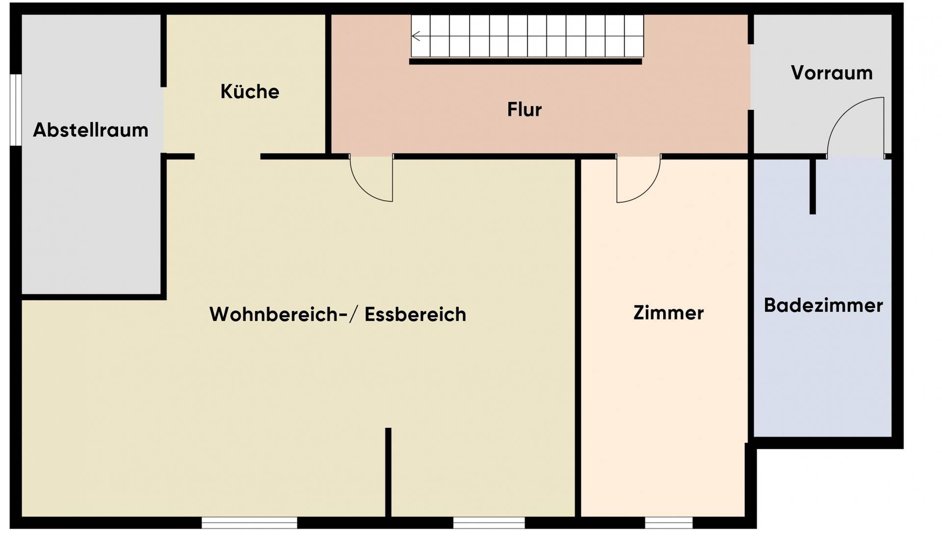 Grundriss des Dachgeschosses mit Wohn-/Essbereich, Küche, Zimmer, Bad und Abstellraum.