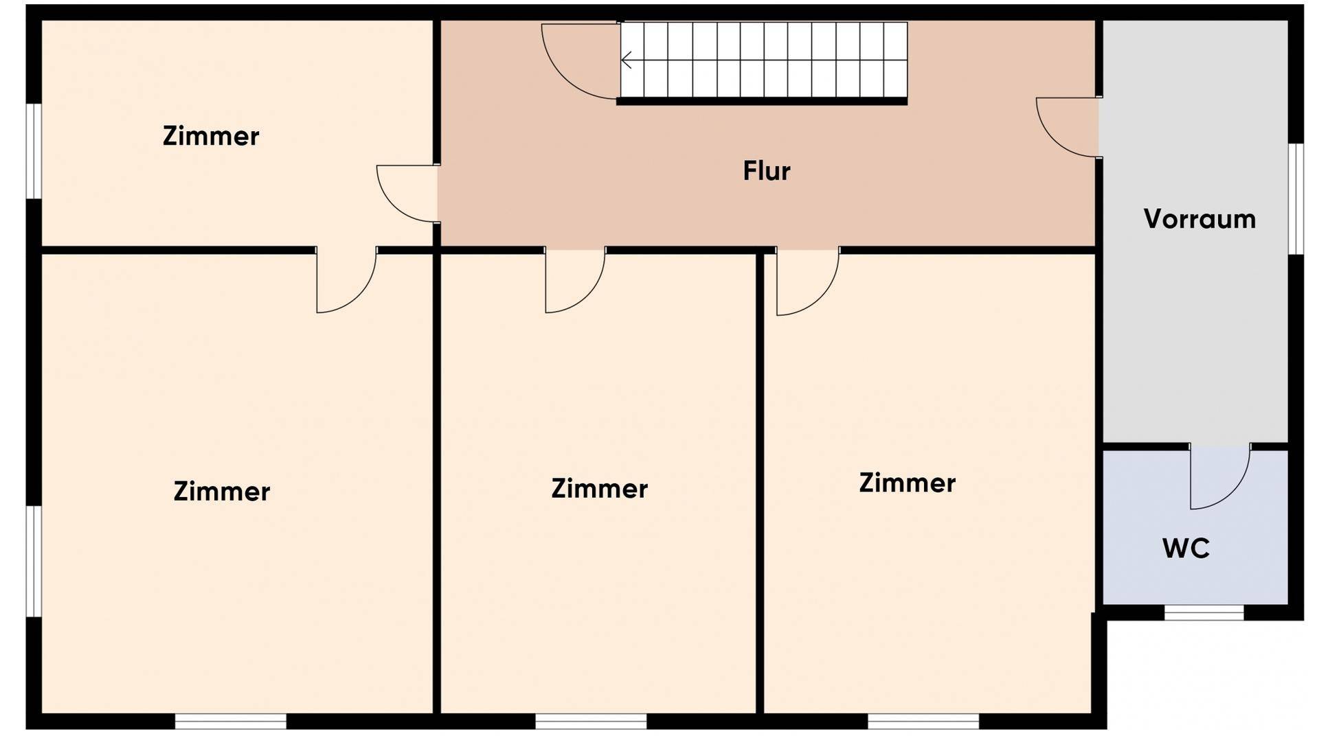 Grundriss des Obergeschosses mit drei Zimmern, Flur, Vorraum und separatem WC.