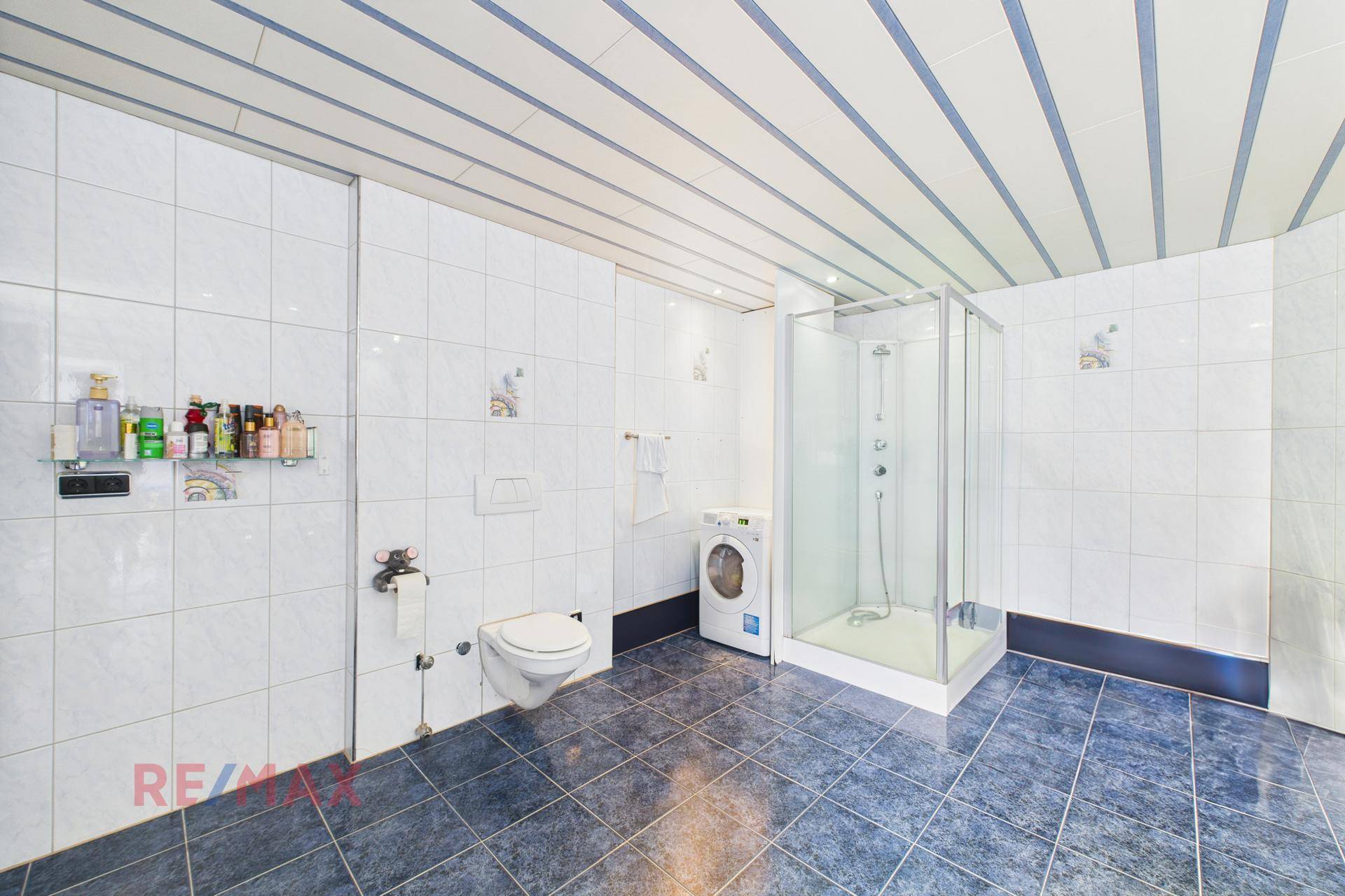 Geräumiges Badezimmer mit Duschkabine, Toilette und Waschmaschine.