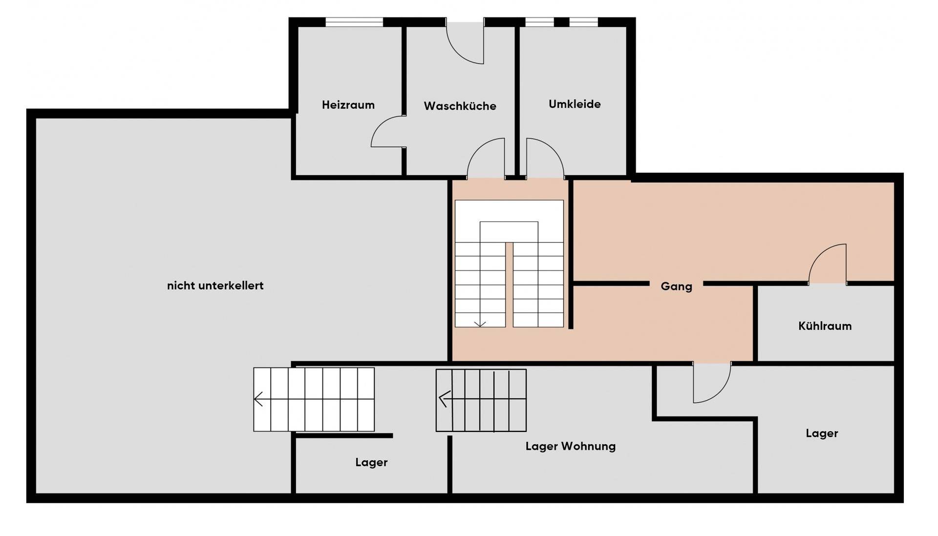 Grundriss des Untergeschosses mit Heizraum, Waschküche und Lagerräumen.