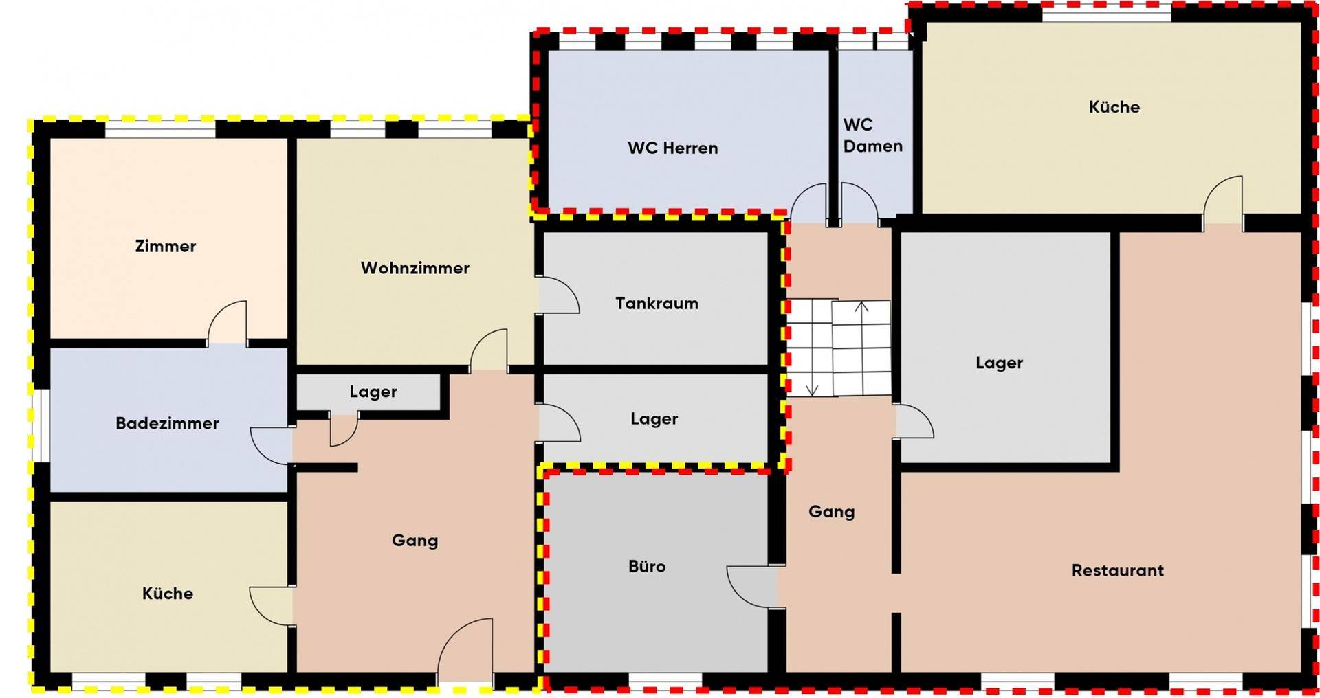 Grundriss des Erdgeschosses mit Küche, Büro und Toiletten.