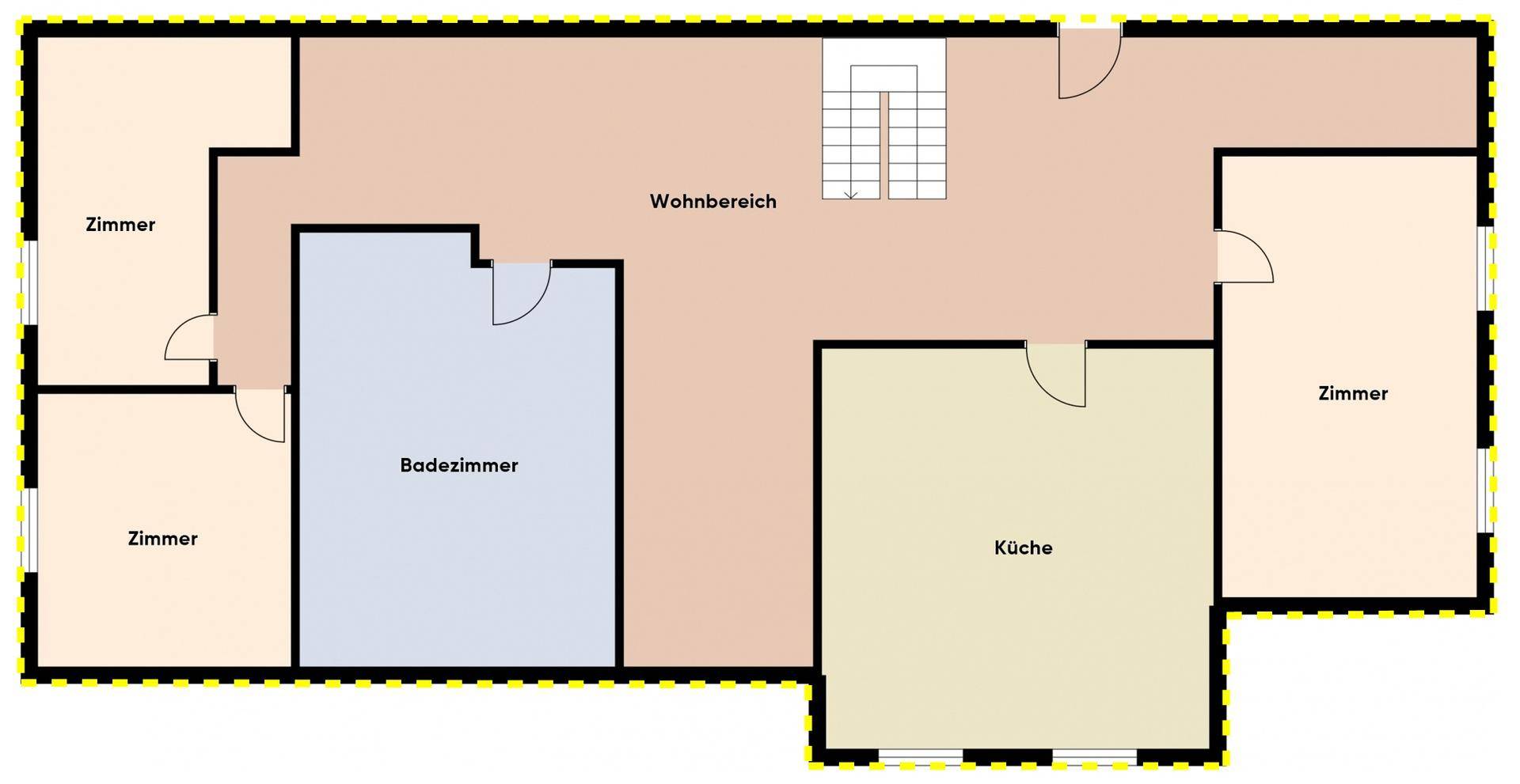Grundriss des Dachgeschosses mit Wohnbereich, Zimmern, Bad und Küche.