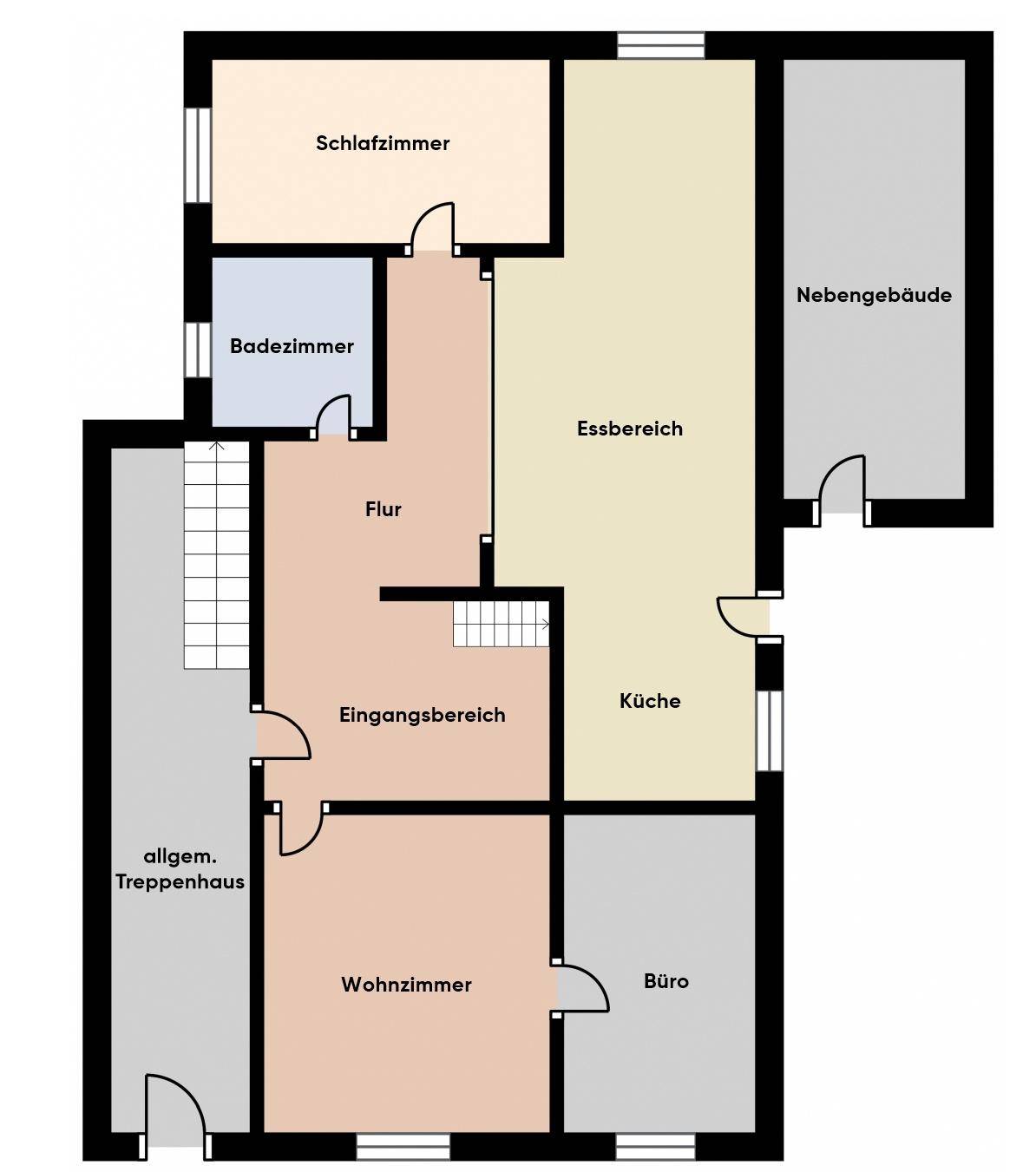 Grundrissplan des Erdgeschosses mit Wohnzimmer, Büro, Küche und Essbereich.