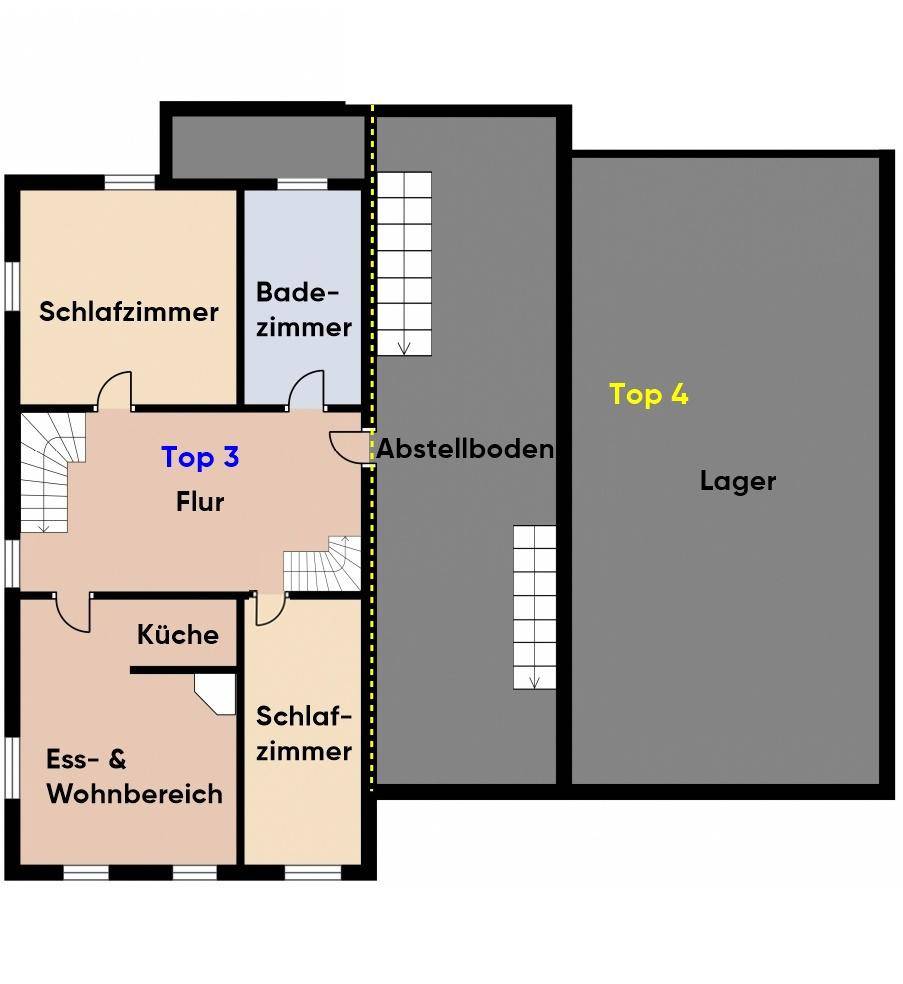 Grundrissplan des Obergeschosses mit Schlafzimmern, Bad und Abstellboden.