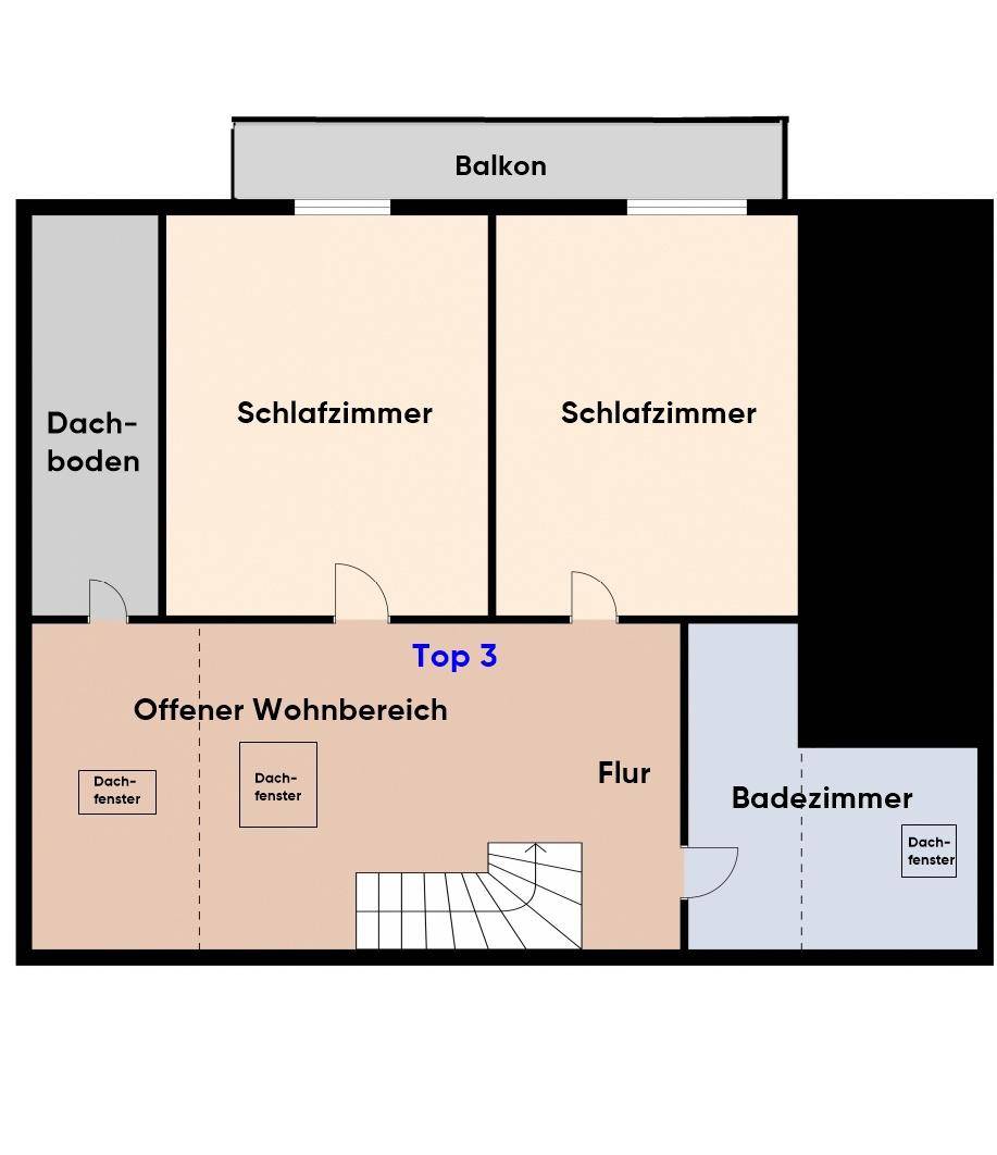 Grundrissplan des Dachgeschosses mit Schlafzimmern, offenem Wohnbereich und Balkon.