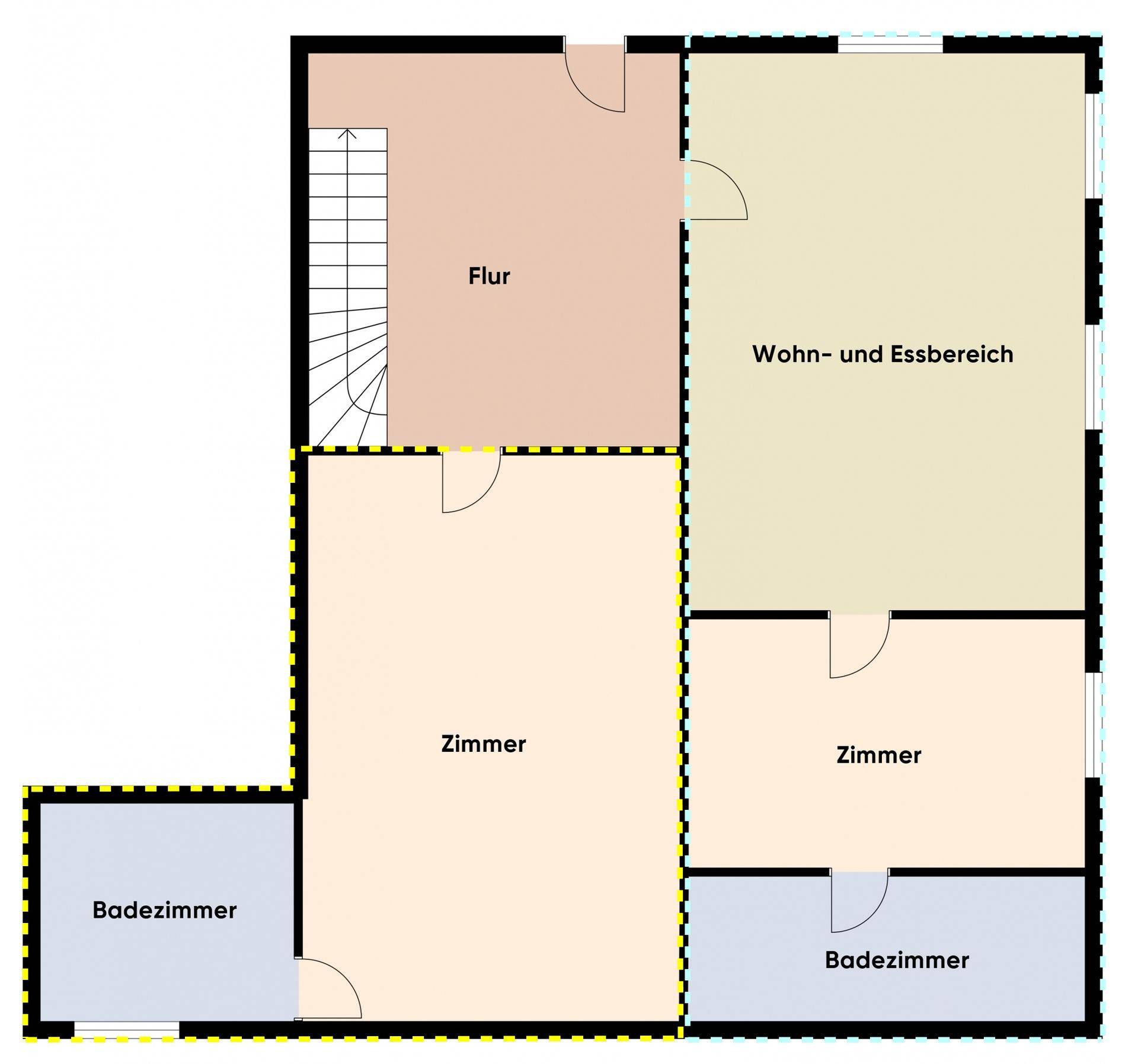 Grundriss des Obergeschosses mit Wohn-/Essbereich, zwei Zimmern und zwei Badezimmern.