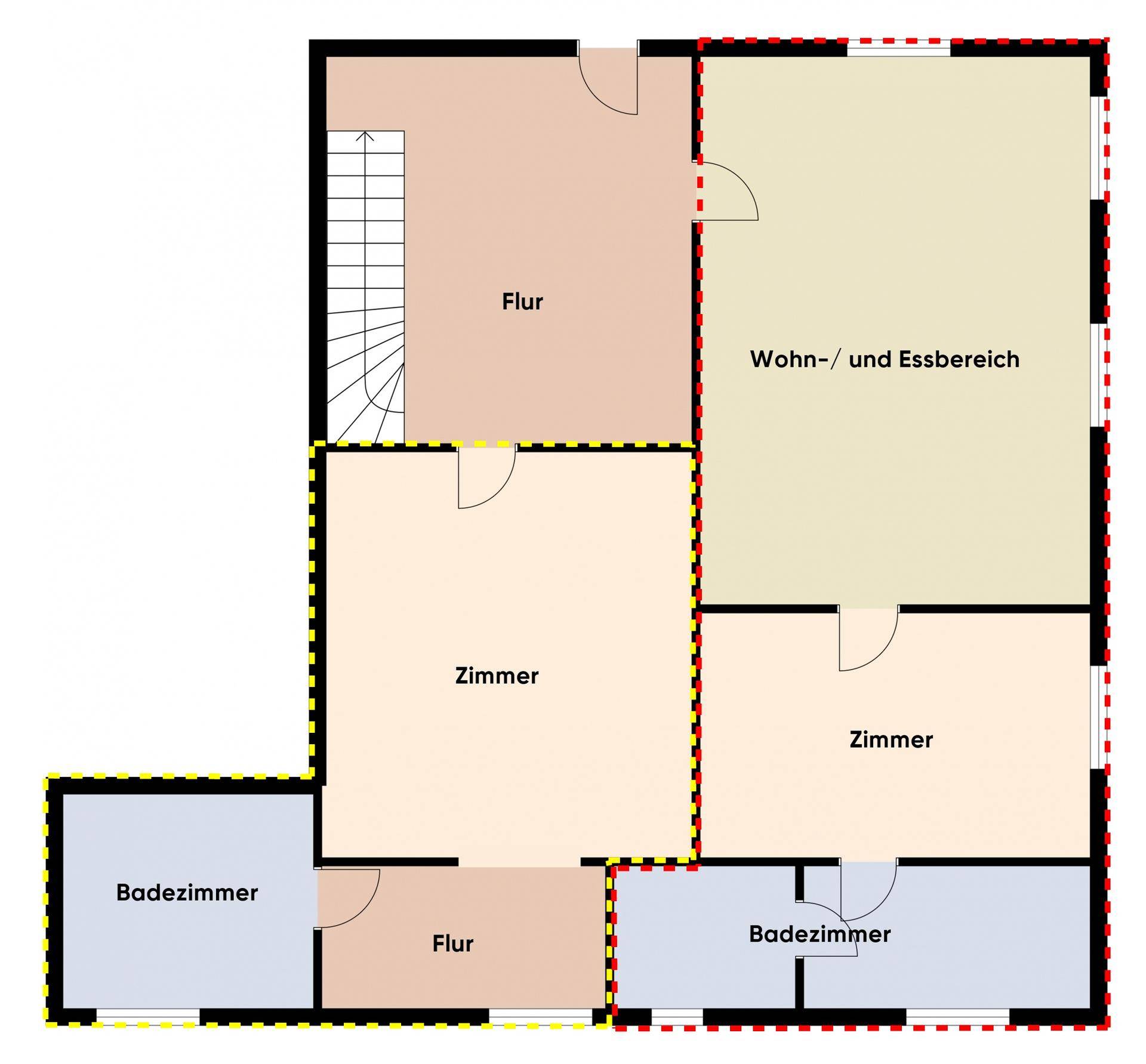 Grundriss des Obergeschosses mit Wohn-/Essbereich, zwei Zimmern und zwei Badezimmern.