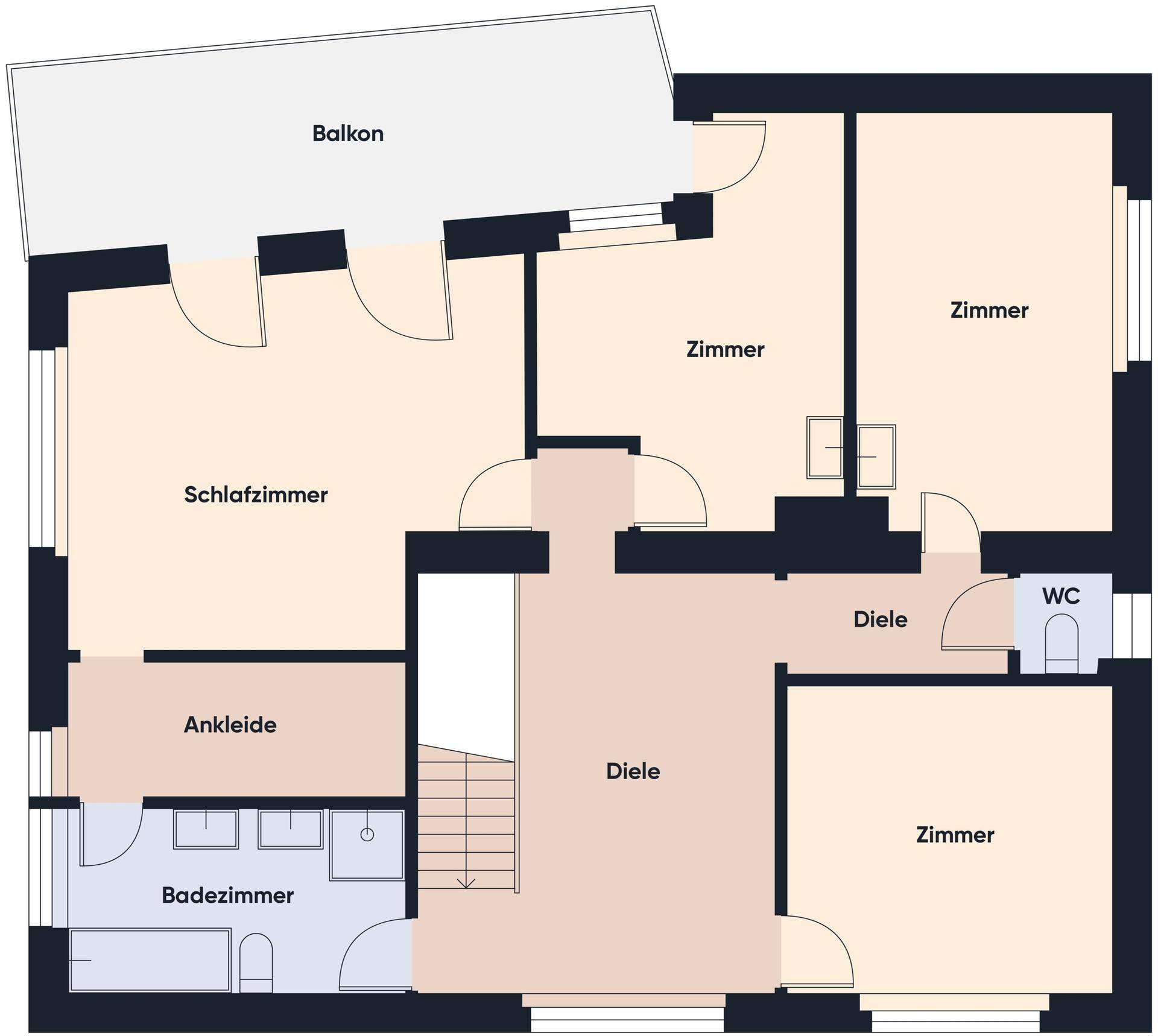 Grundriss des Obergeschosses mit Schlafzimmern, Badezimmer und Balkon.