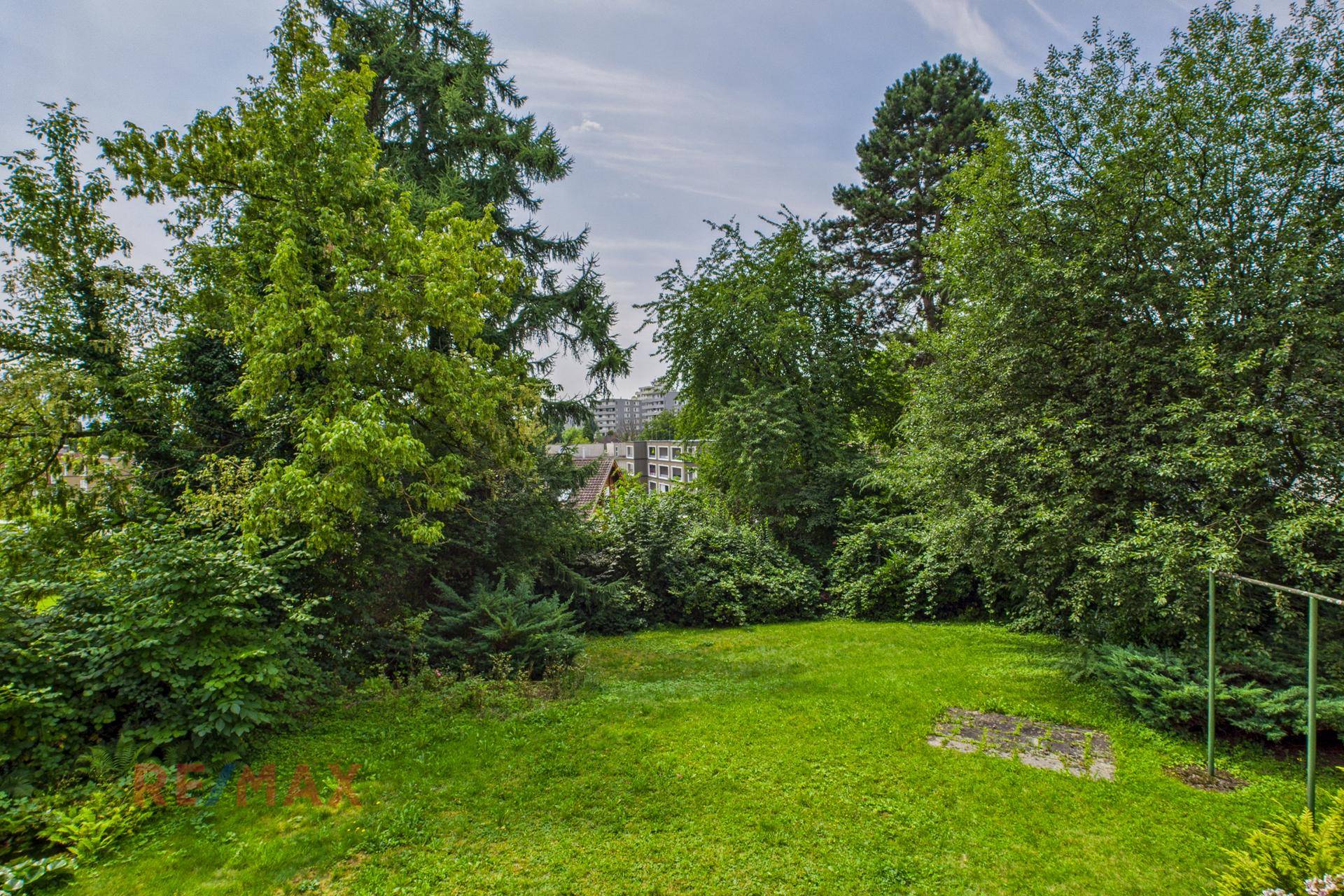 Weitläufiger grüner Gartenbereich mit üppiger Bepflanzung und Rasenfläche.