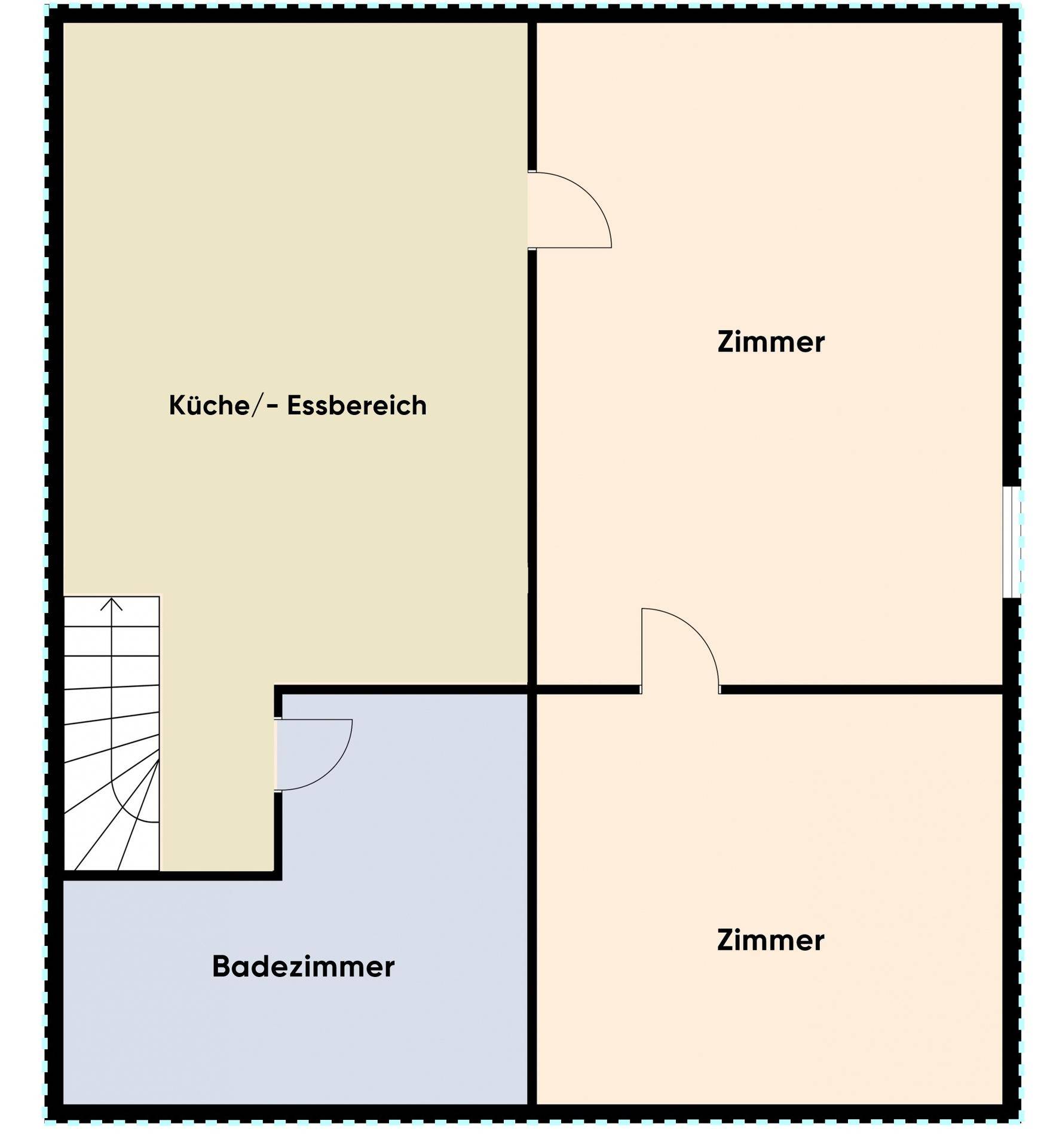 Grundriss des Erdgeschosses mit Küche/Essbereich, zwei Zimmern und einem Badezimmer.
