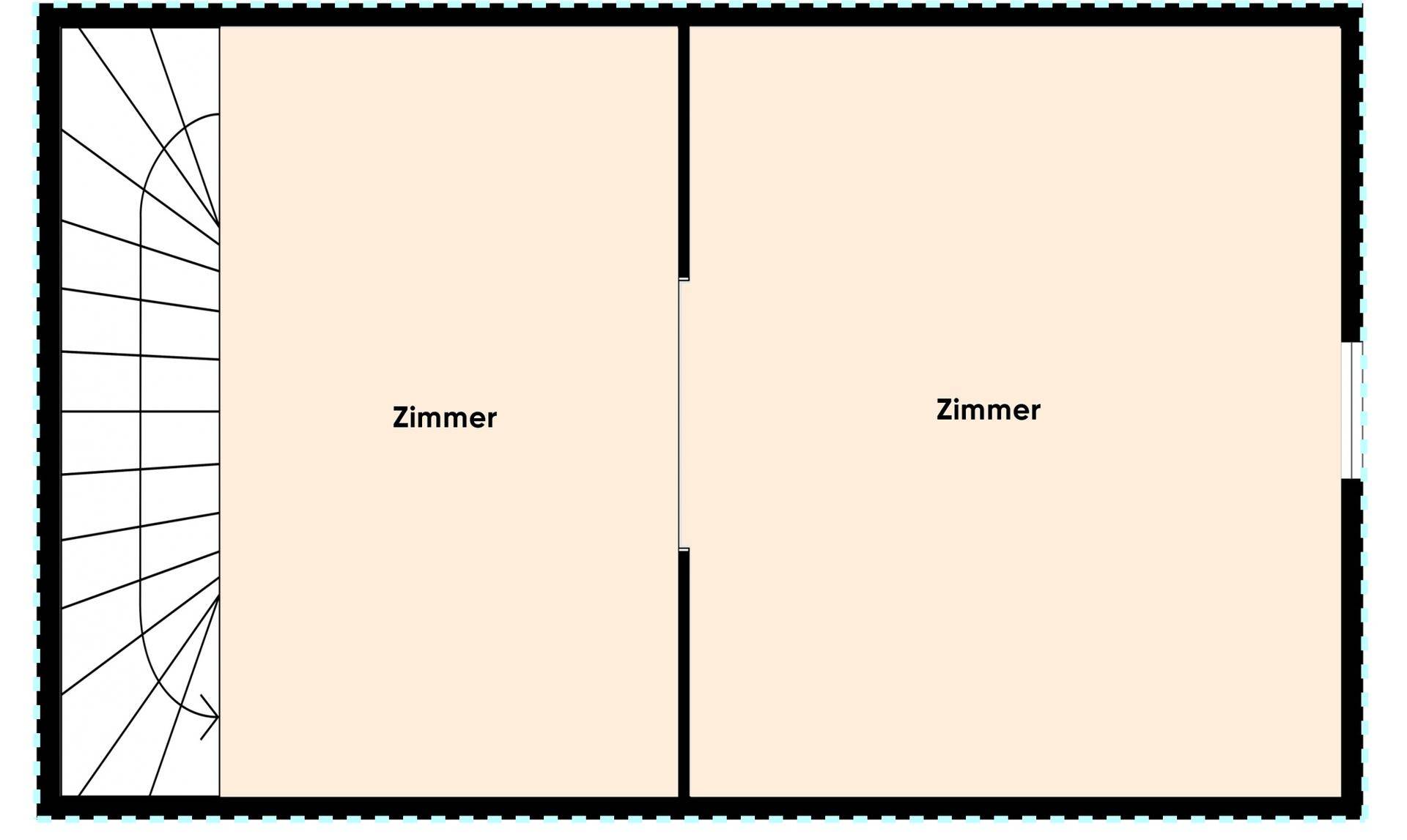 Grundriss des Dachgeschosses mit zwei Zimmern und Treppenaufgang.