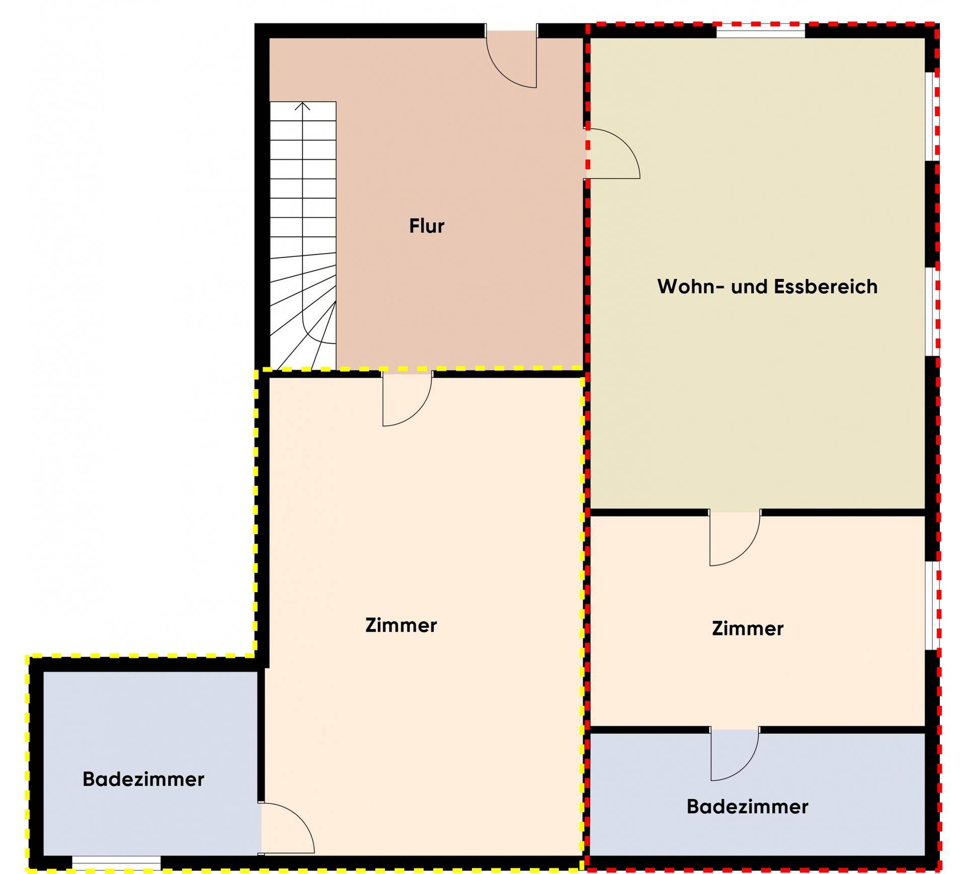 Grundriss des Obergeschosses mit Wohn-/Essbereich, zwei Zimmern und zwei Badezimmern.