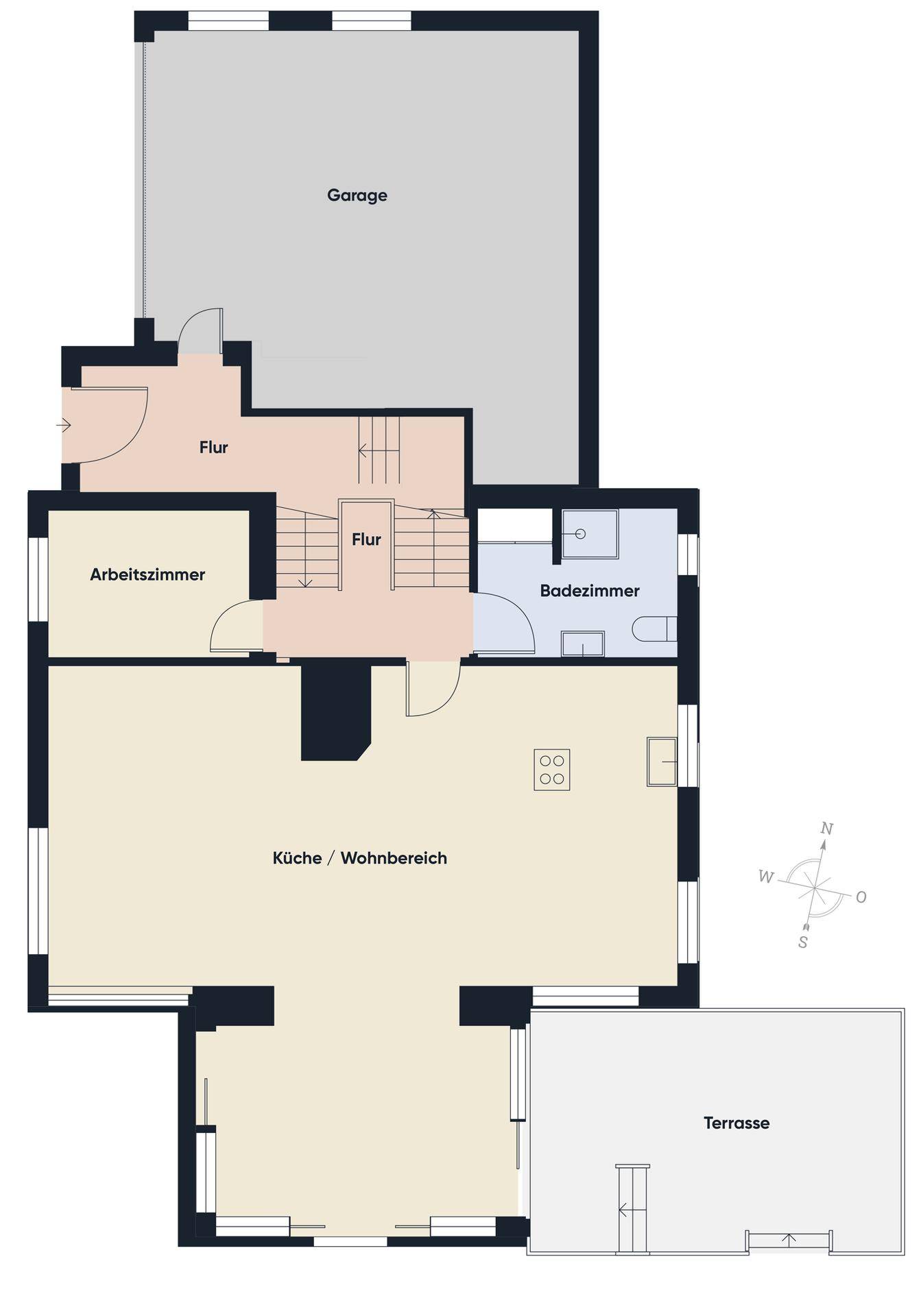 Grundriss des Erdgeschosses mit Küche, Wohnbereich, Arbeitszimmer und Terrasse.