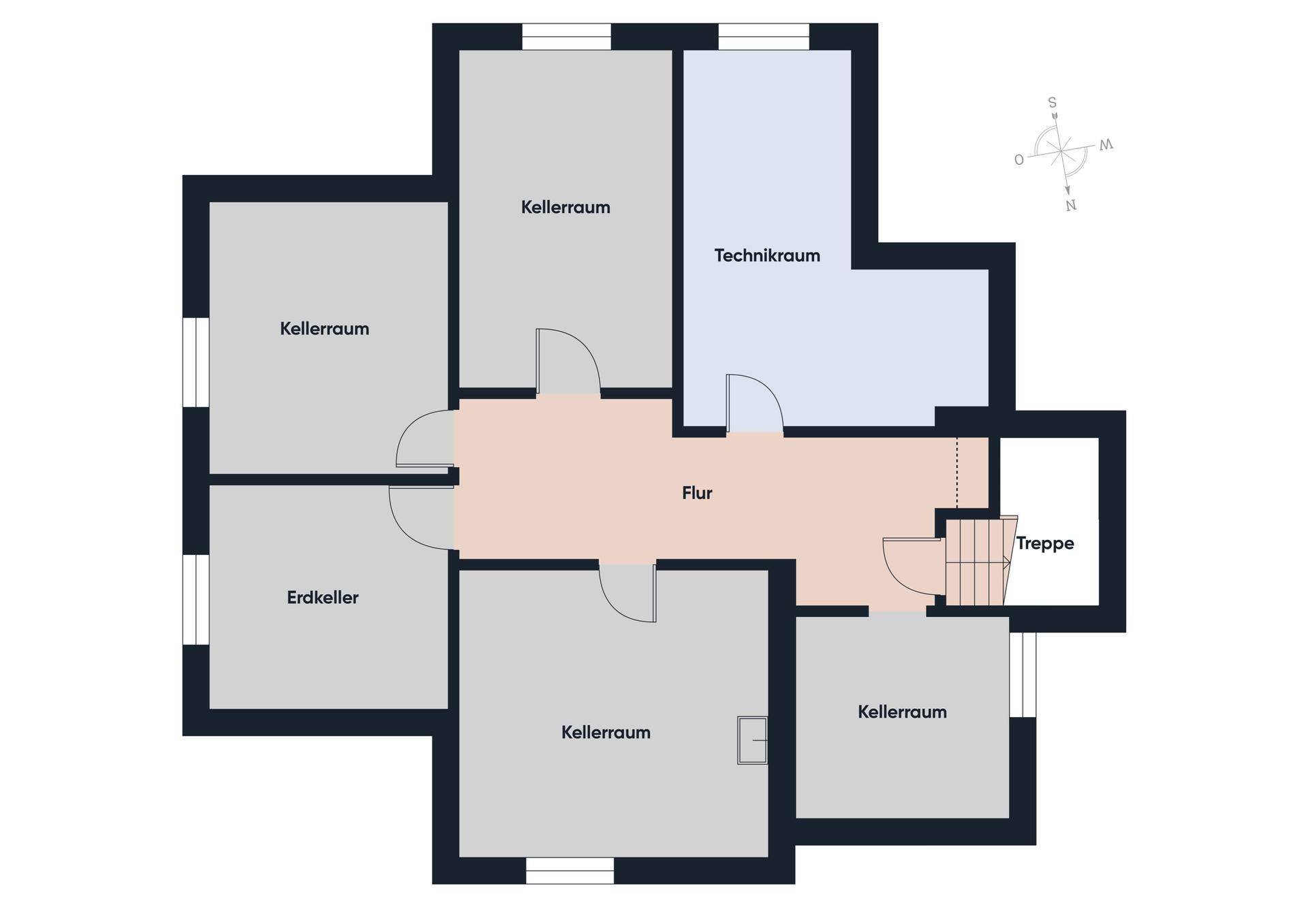 Grundriss des Kellergeschosses mit verschiedenen Kellerräumen und Technikraum.