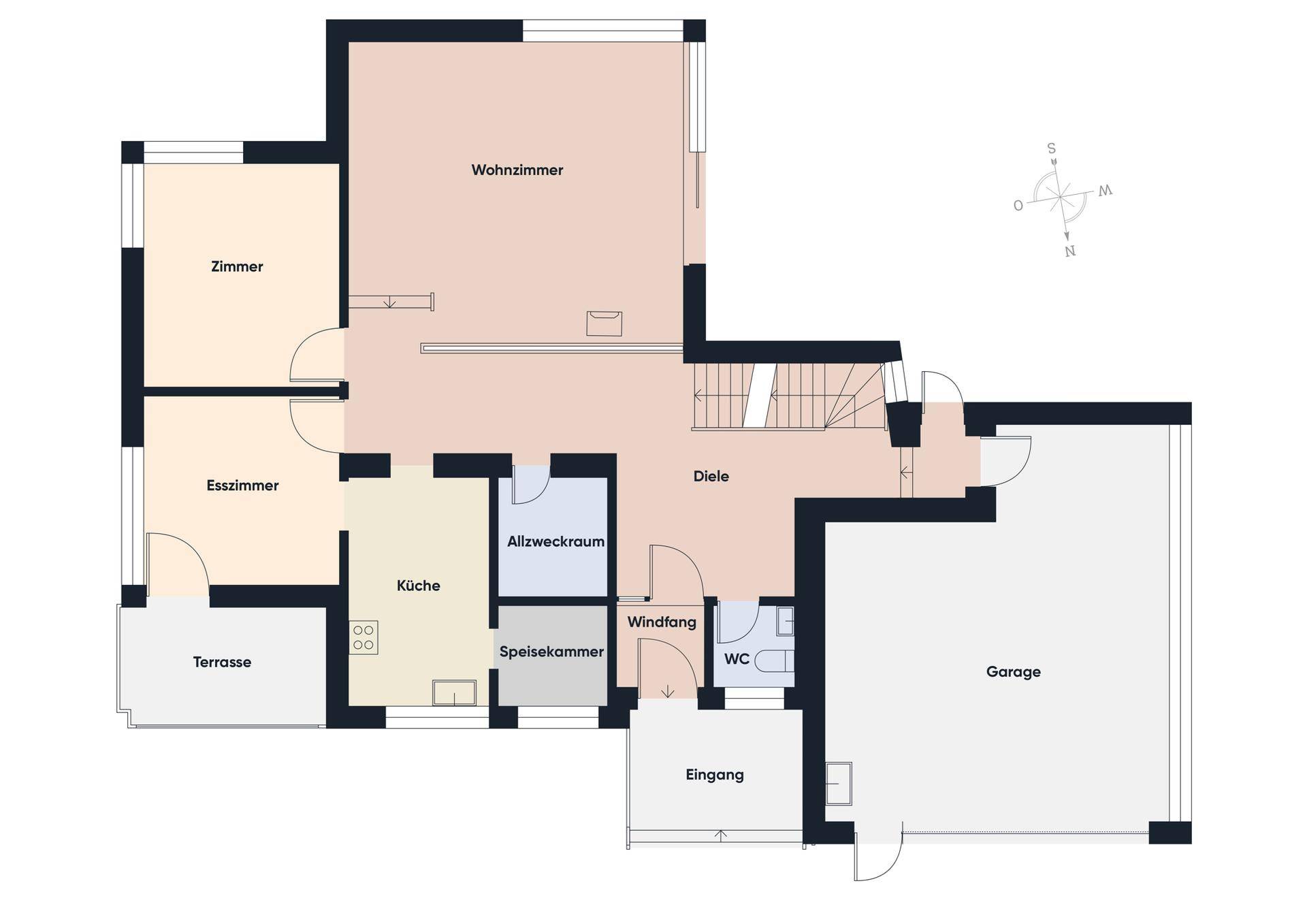 Grundriss des Erdgeschosses mit Wohnzimmer, Küche, Esszimmer und Terrasse.