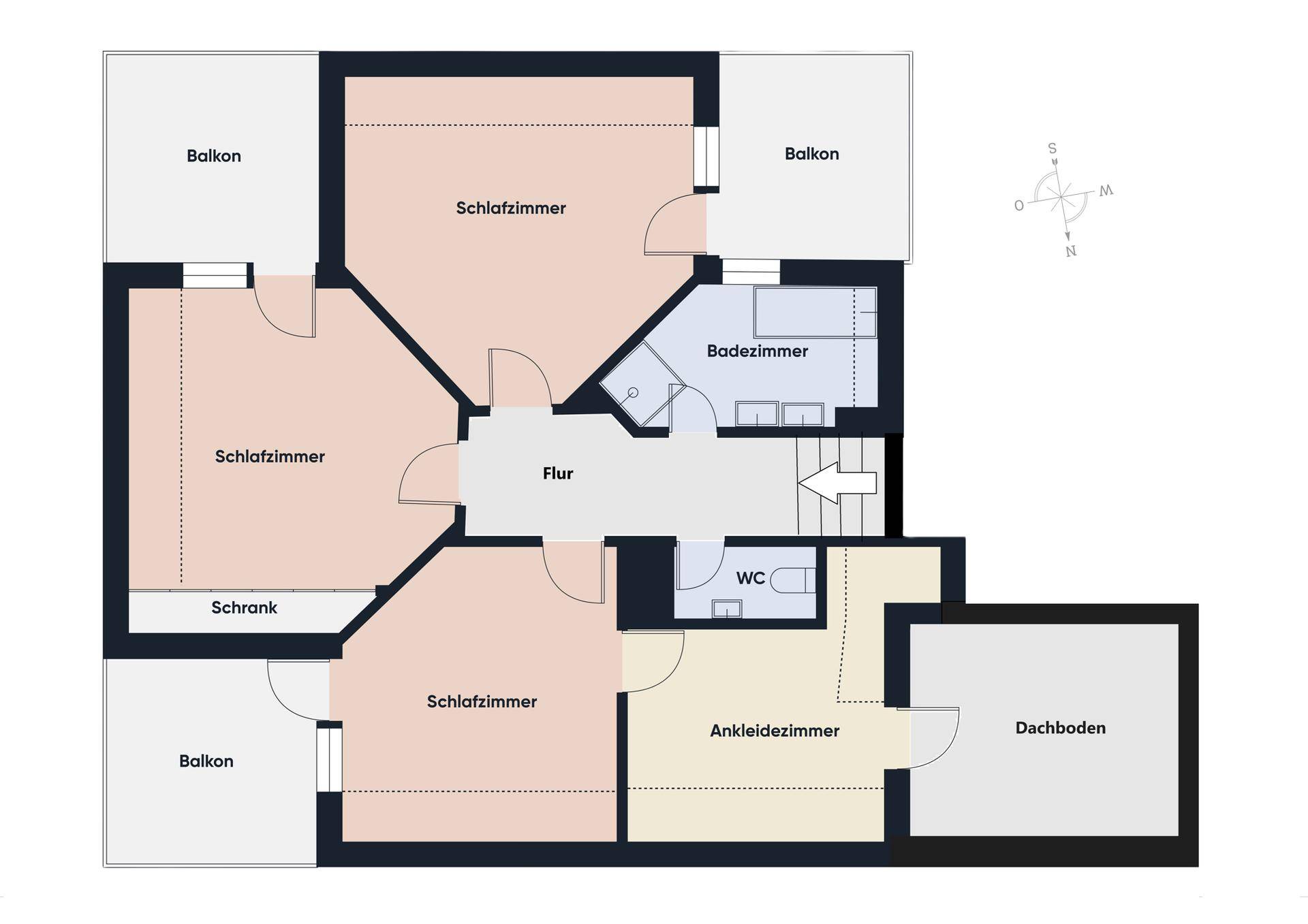Grundriss des Obergeschosses mit drei Schlafzimmern, Badezimmer und Balkonen.