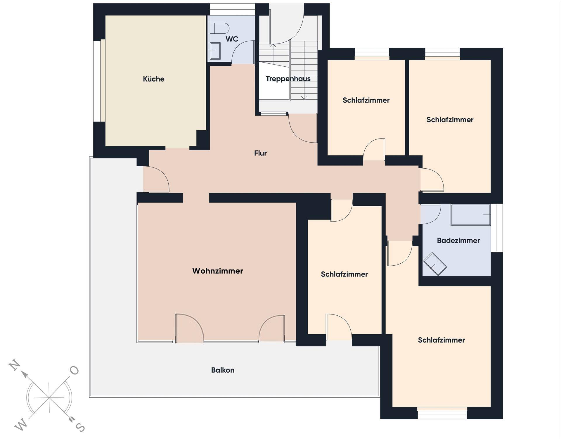 Grundriss des Obergeschosses mit Wohnzimmer, Schlafzimmern, Bad und Balkon.
