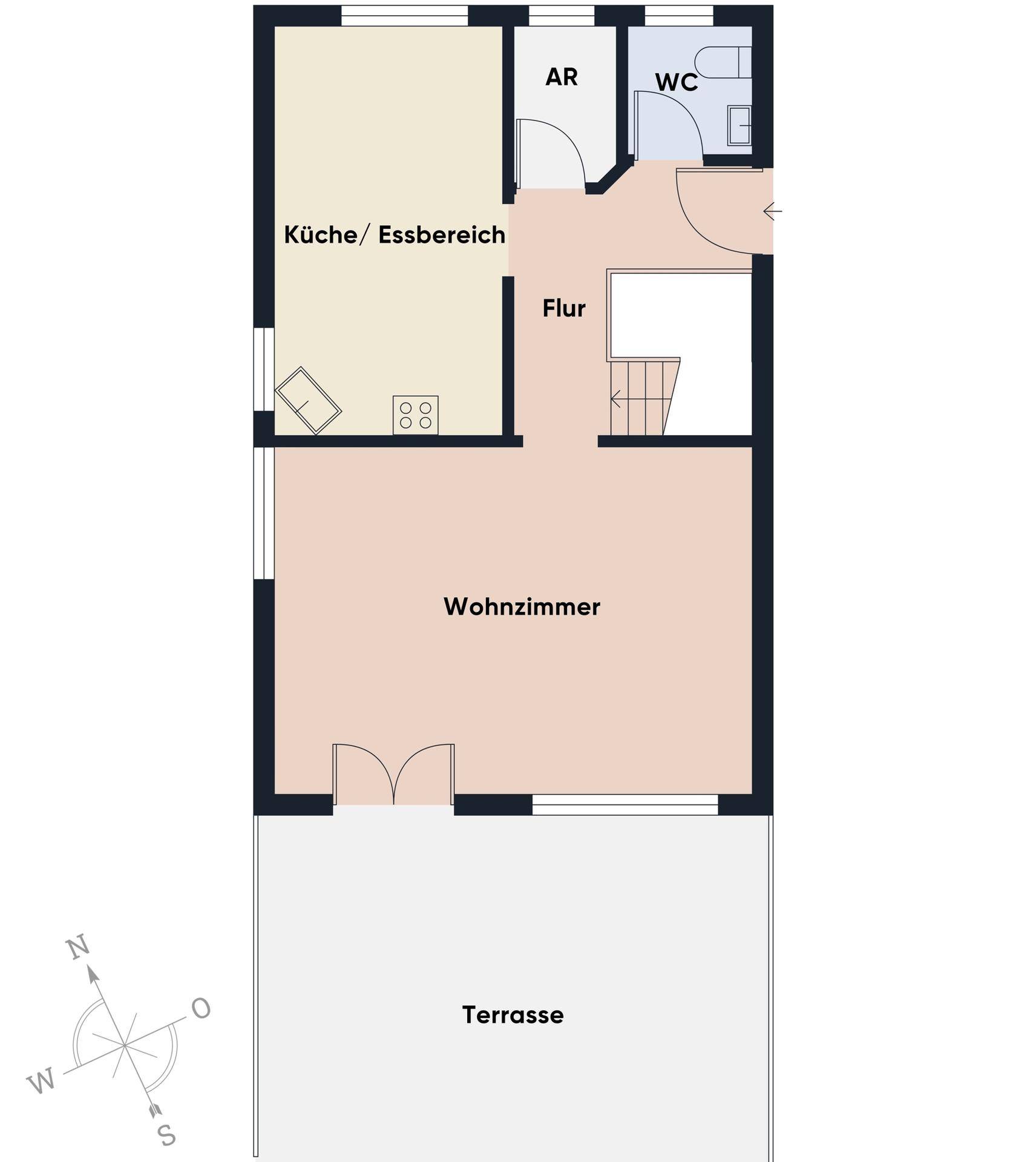Grundriss des Erdgeschosses mit Küche, Wohnzimmer, Flur und Terrasse.