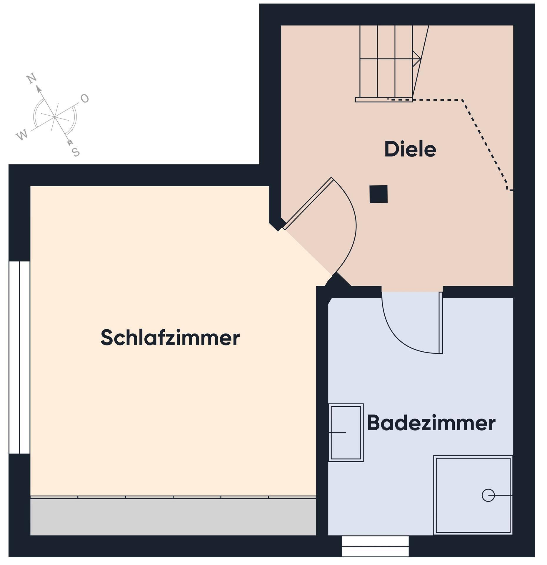 Grundriss des Obergeschosses mit Schlafzimmer, Badezimmer und Diele.