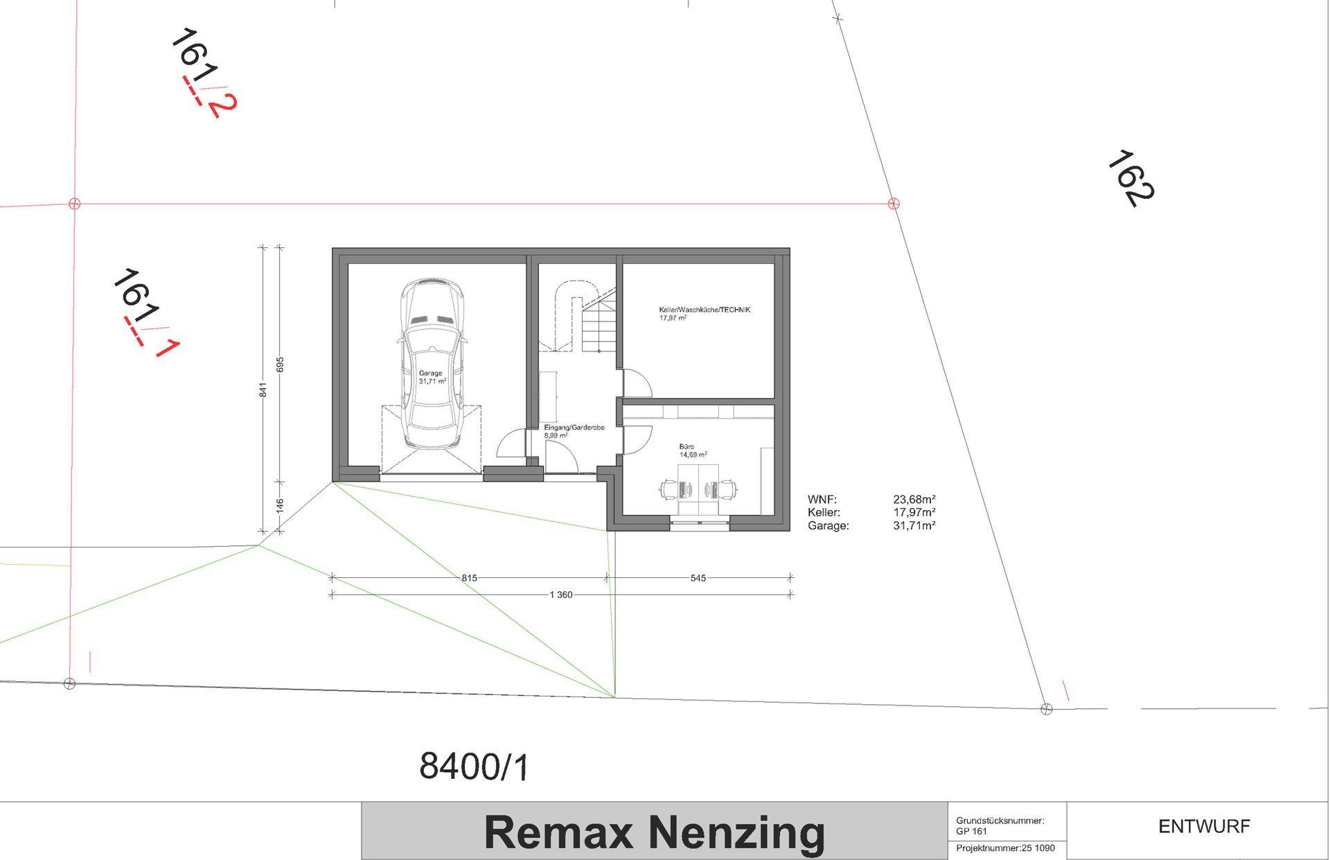 Grundriss des Untergeschosses mit Garage, Keller und Treppenaufgang.