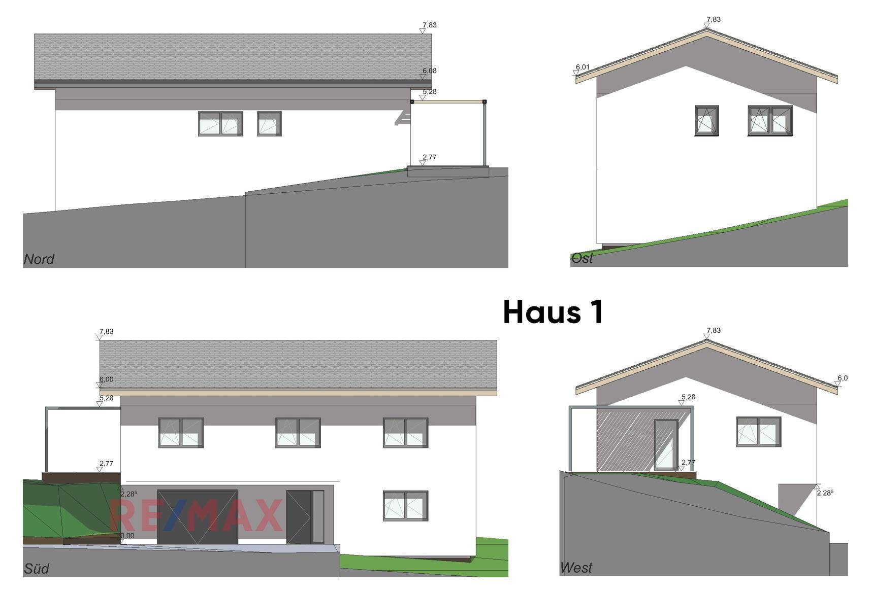 Architektonische Ansichten eines Hauses von Nord, Ost, Süd und West mit Dachneigung.