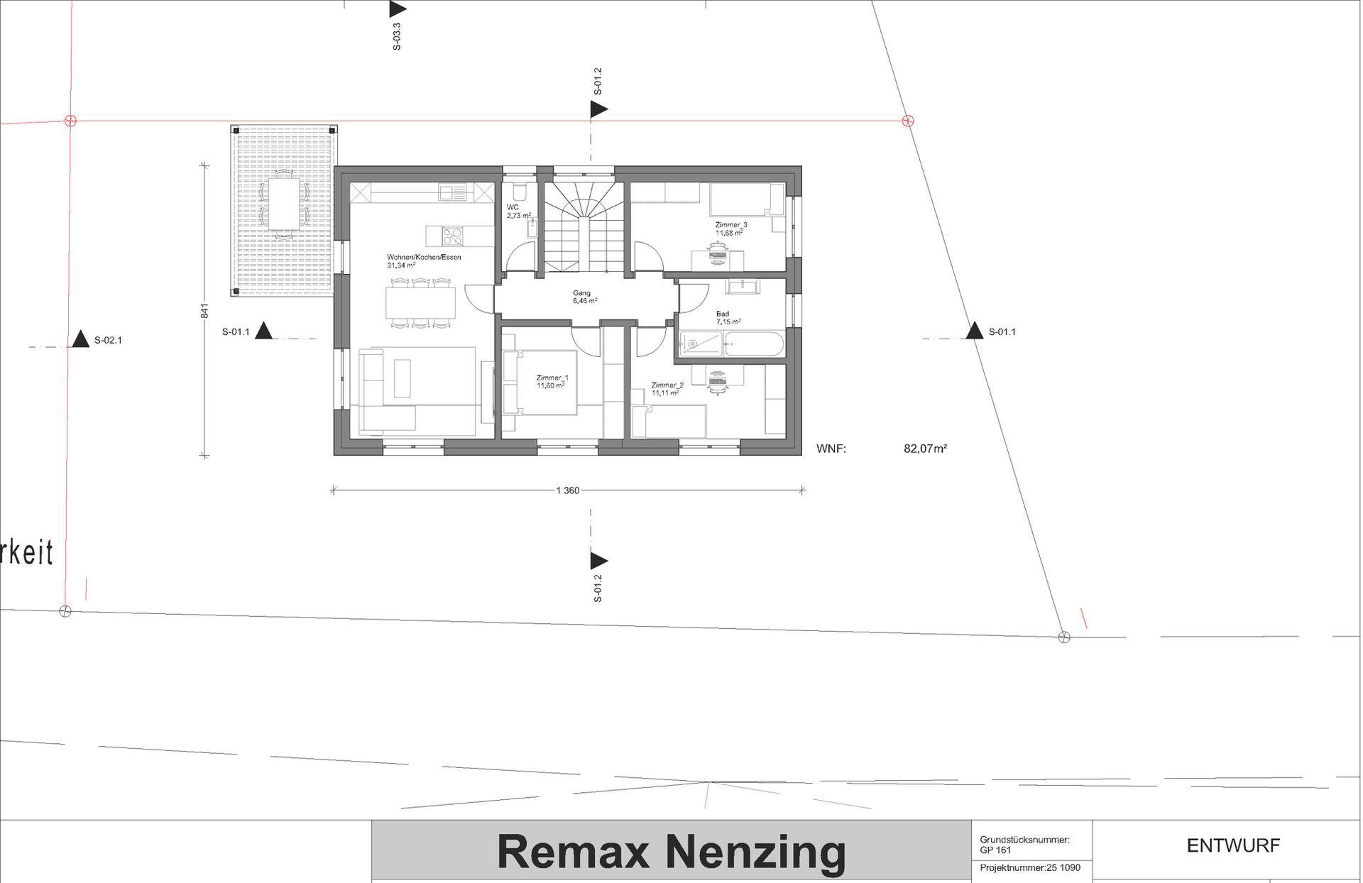 Grundriss des Erdgeschosses mit Wohnzimmer, Schlafzimmern und Terrasse.