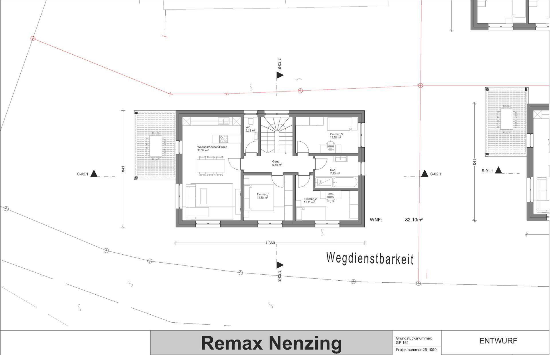 Grundriss des Erdgeschosses mit offenem Wohnbereich, Schlafzimmern und Bad.