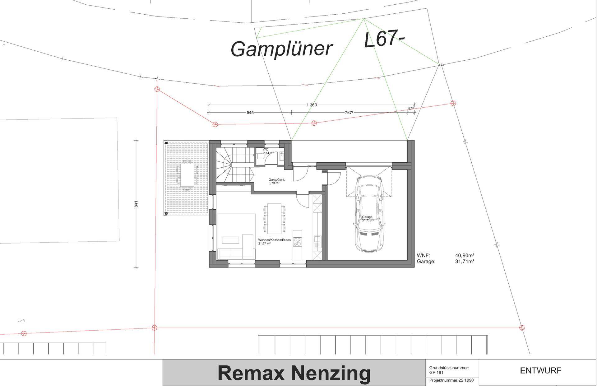 Grundriss des Obergeschosses mit Wohnbereich, Küche und integrierter Garage.