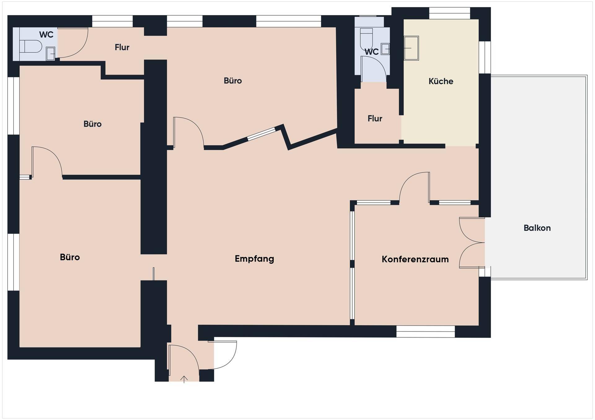 Grundrissplan zeigt die Aufteilung der Büroräume, Konferenzraum, Küche und Balkon.