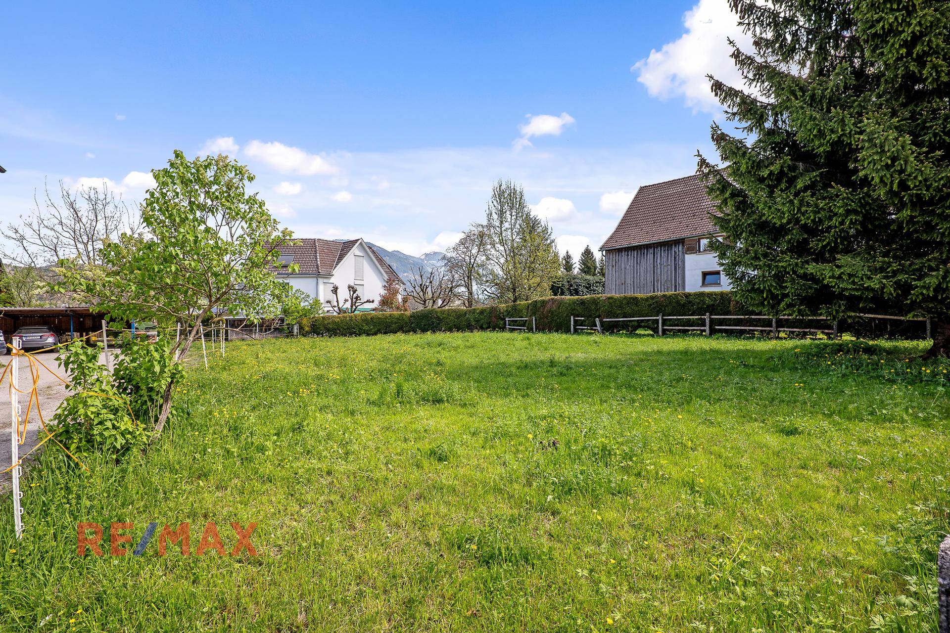 Offene Grünfläche mit Hecke und Bäumen, umgeben von Wohngebäuden.
