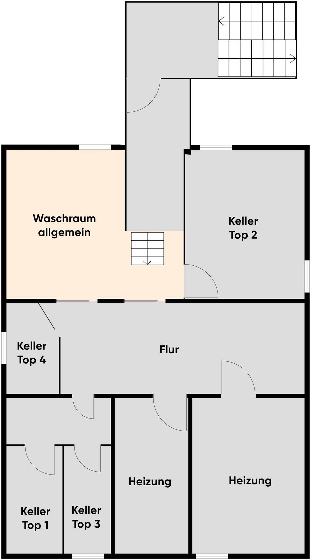 Grundriss des Kellergeschosses mit Waschraum, Heizung und verschiedenen Kellerräumen.