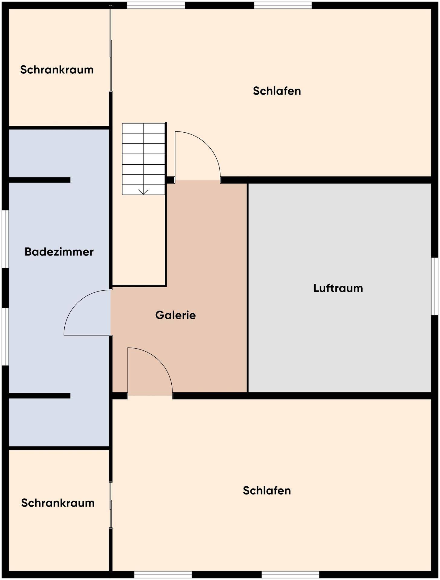 Grundriss des Obergeschosses mit Schlafzimmern, Badezimmer und Galeriebereich.