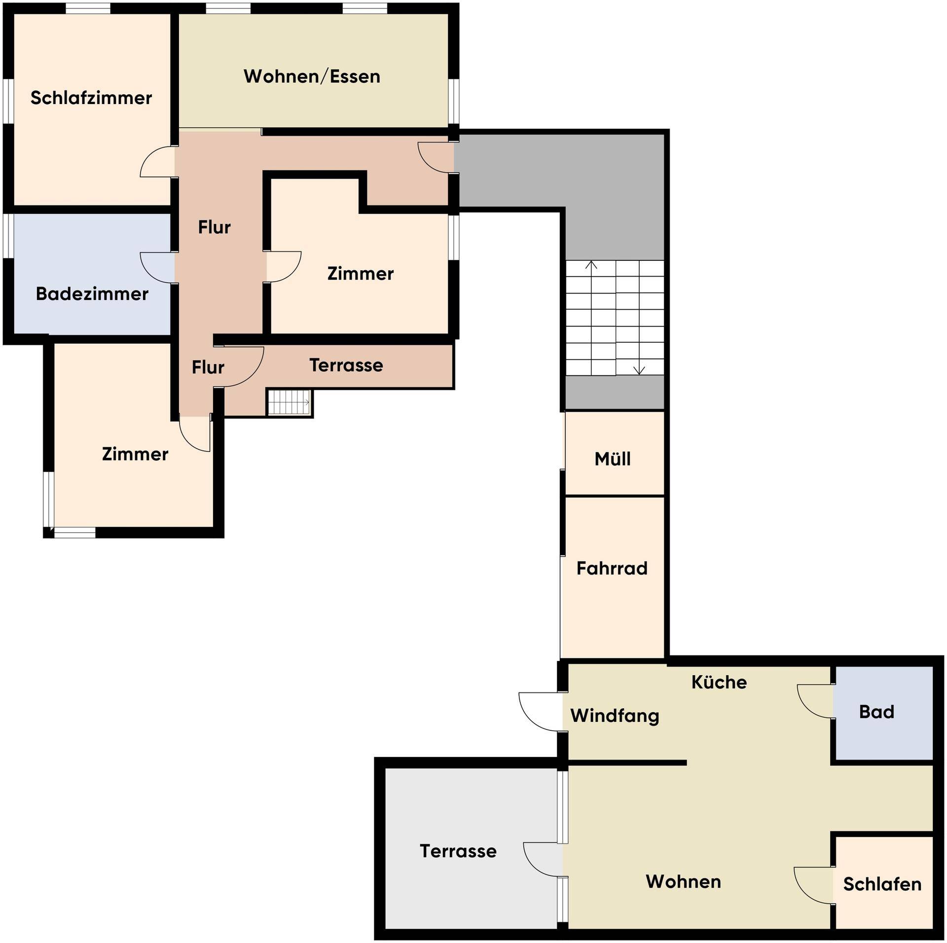 Grundriss des Erdgeschosses mit Wohn-/Essbereich, Schlafzimmern, Bad und Terrasse.
