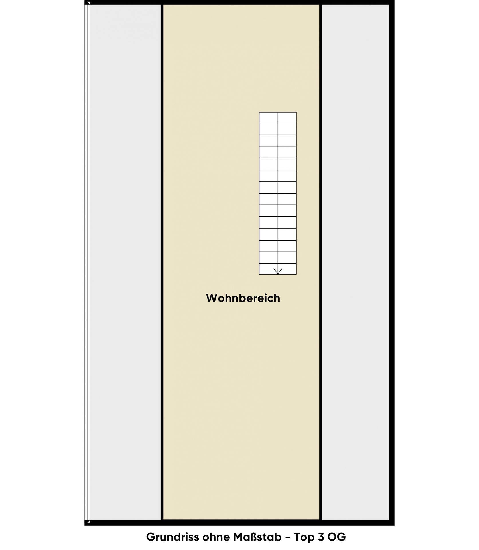 Grundriss ohne Maßstab für Top 3 Obergeschoss mit offenem Wohnbereich.