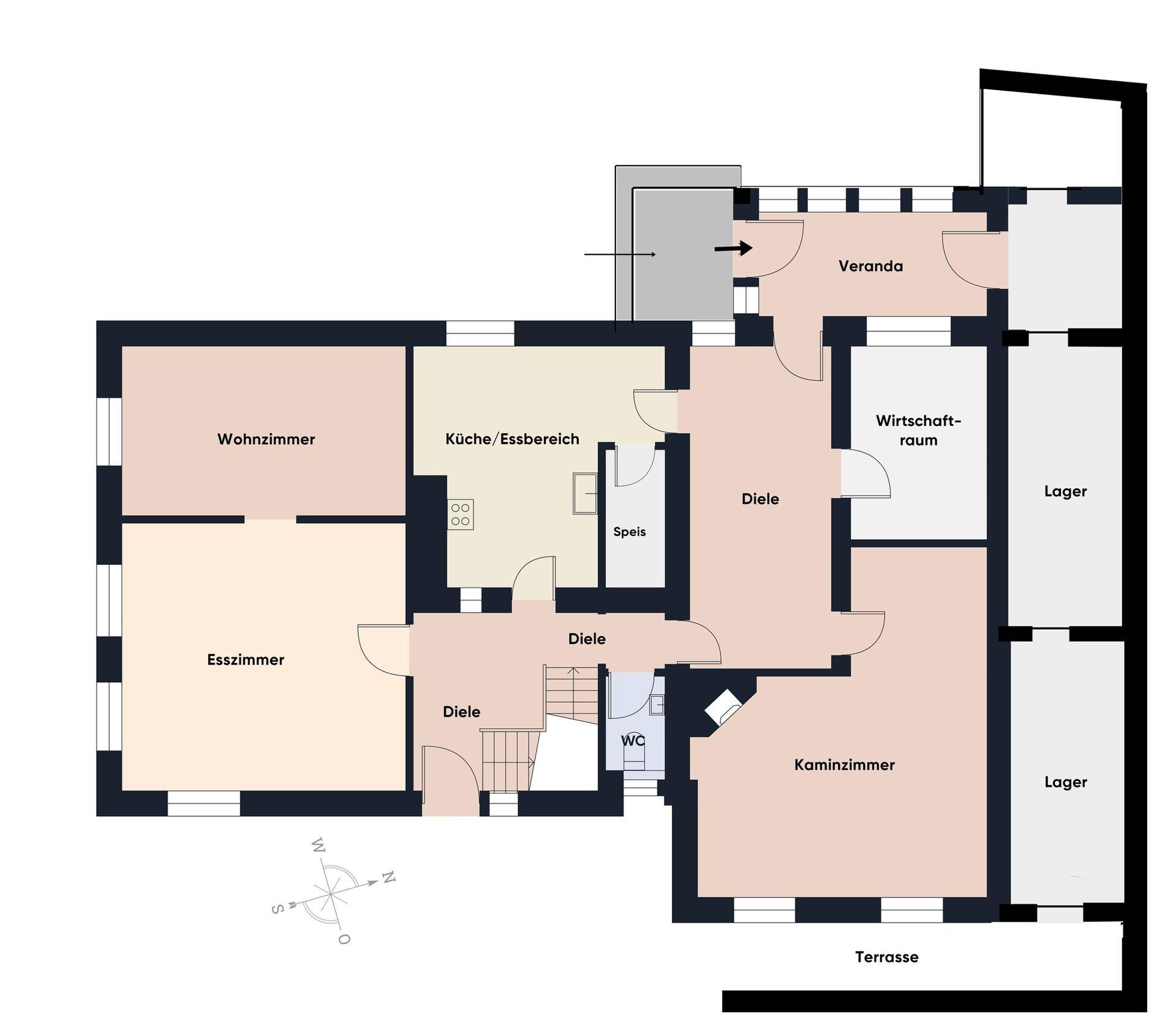 Grundriss des Erdgeschosses mit Wohnzimmer, Esszimmer, Küche und Terrasse.