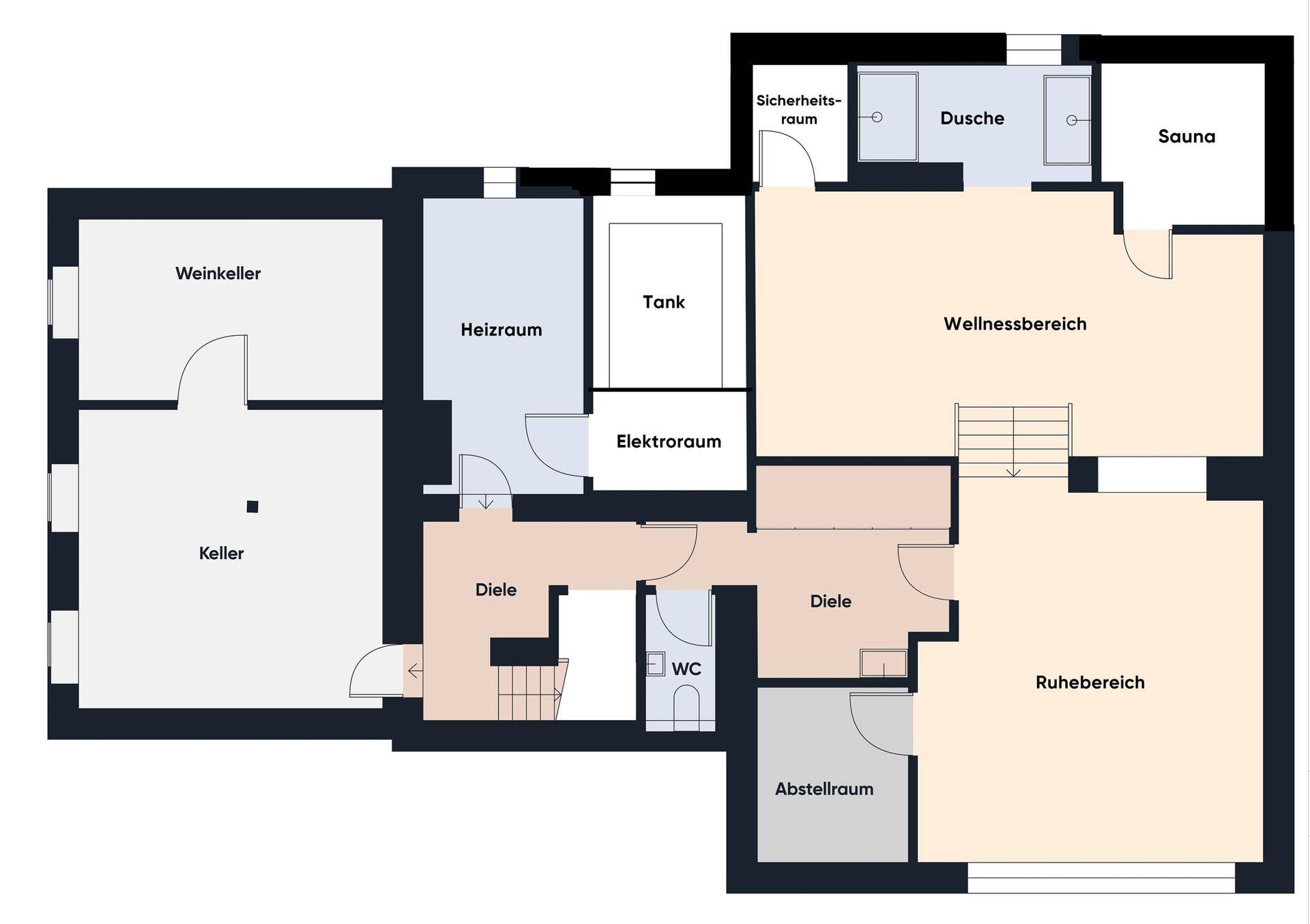 Grundriss des Untergeschosses mit Weinkeller, Wellnessbereich und Sauna.