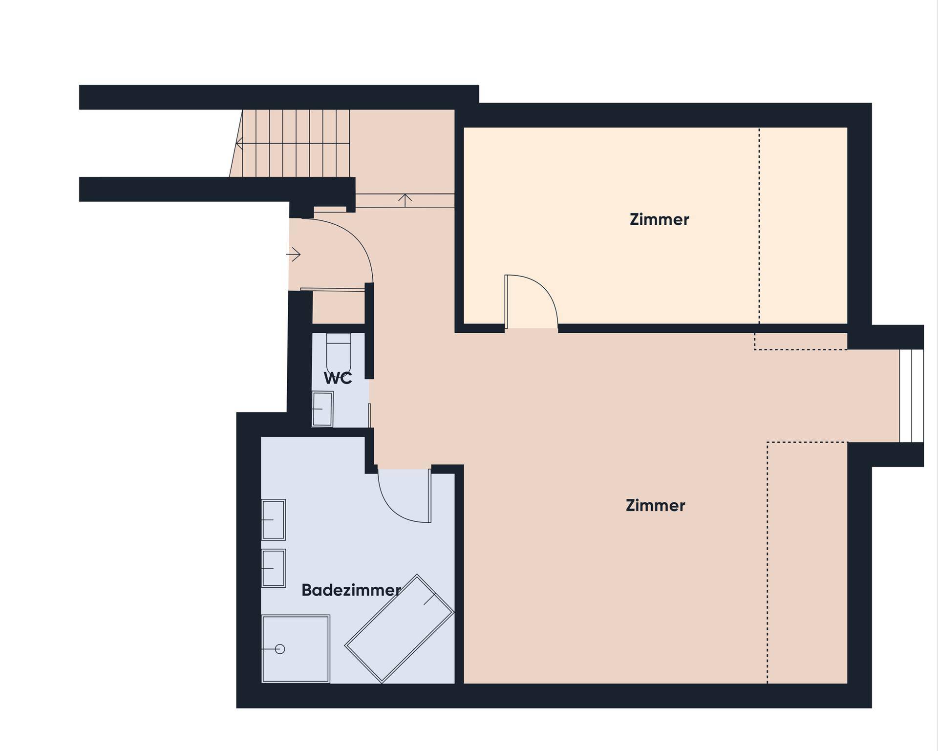 Grundriss des unteren Geschosses mit zwei Zimmern, Badezimmer und separatem WC.
