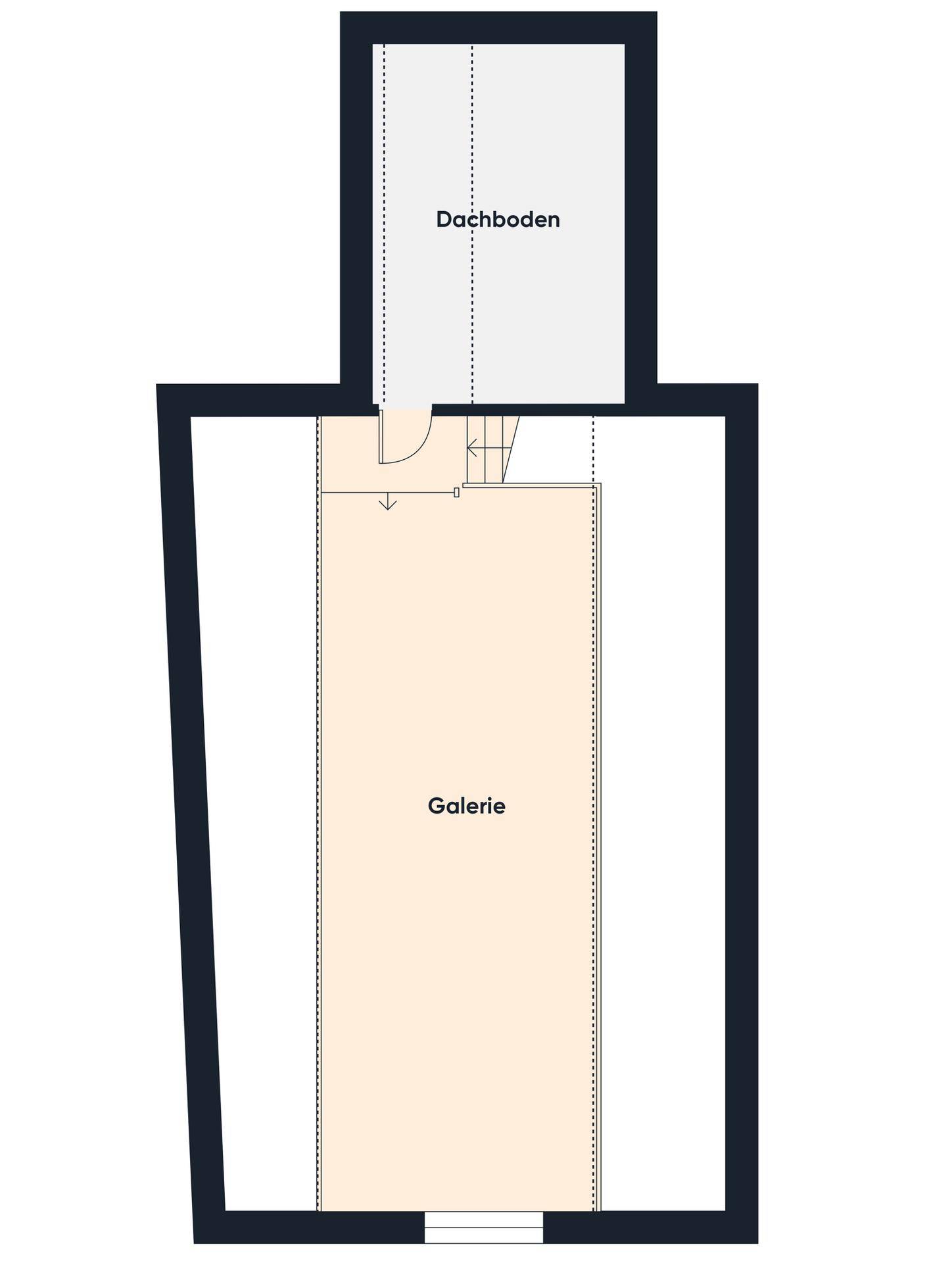 Grundriss des Dachgeschosses mit Galeriebereich und Zugang zum Dachboden.