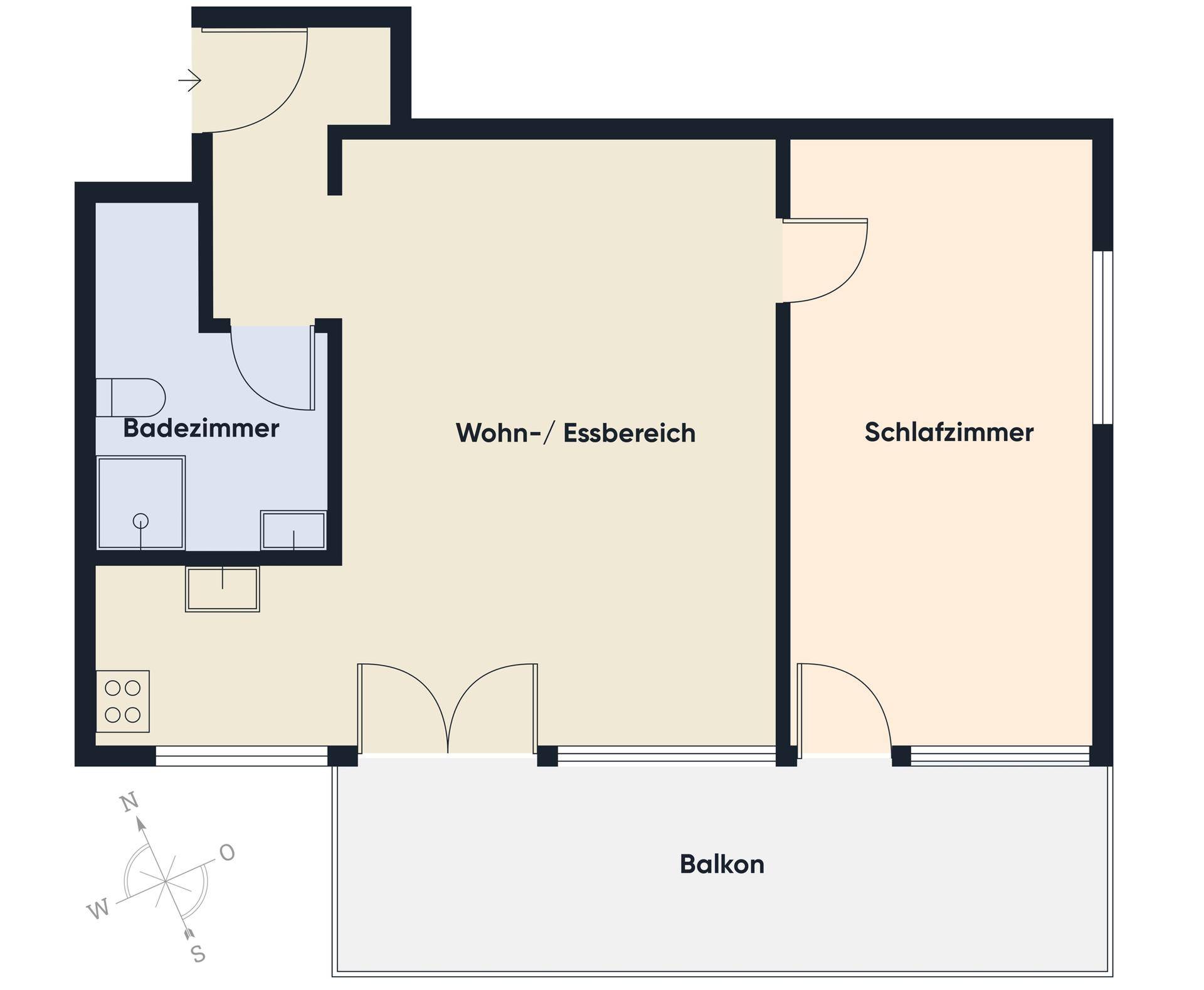Grundriss zeigt eine Wohnung mit Wohn-/Essbereich, Schlafzimmer, Badezimmer und Balkon.