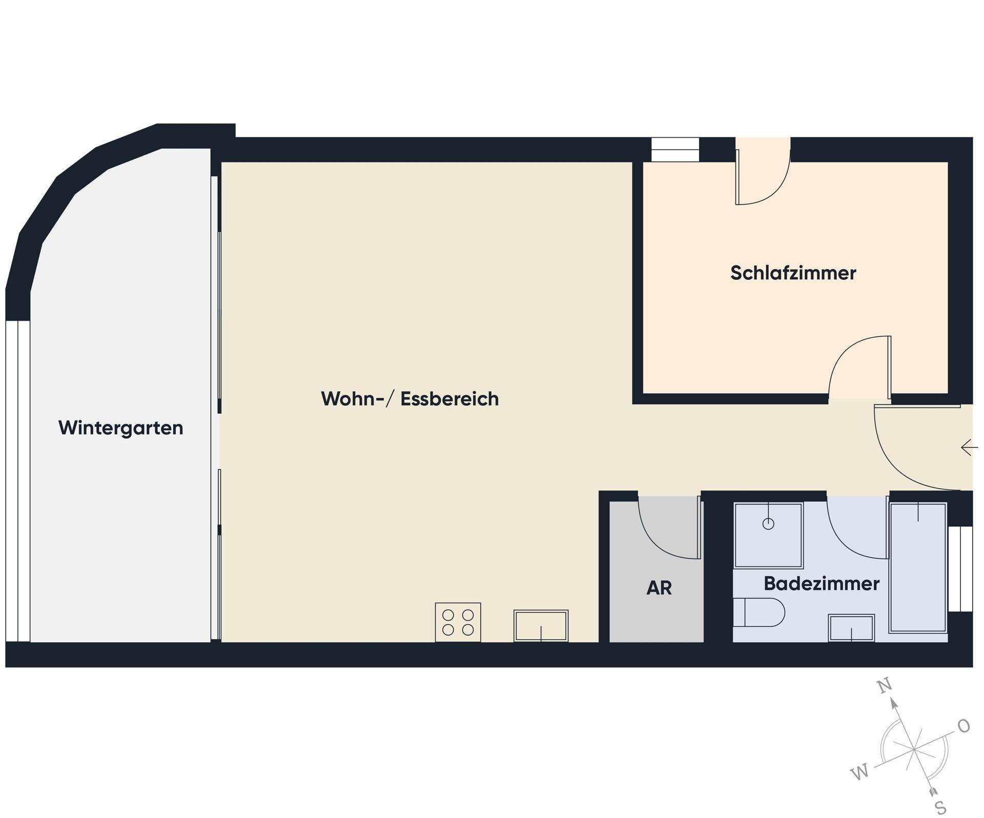 Grundriss der Wohnung mit offenem Wohn-/Essbereich, Schlafzimmer, Bad und Wintergarten.