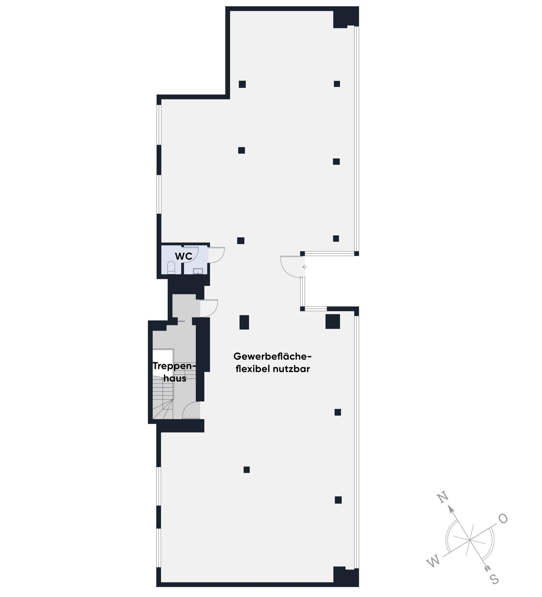 Grundrissplan der Gewerbefläche mit WC und Treppenhaus, flexibel nutzbar.