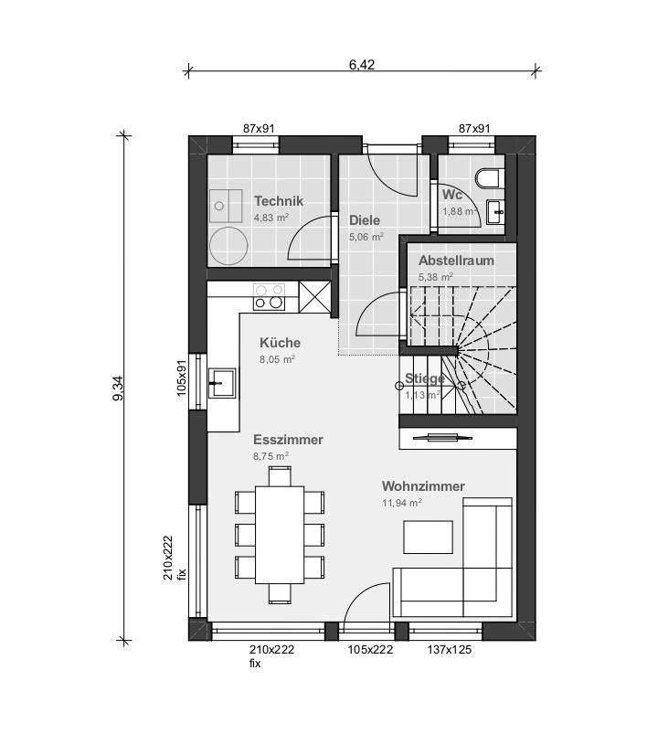 Grundriss des Erdgeschosses mit Küche, Esszimmer, Wohnzimmer und Gäste-WC, offene Gestaltung.
