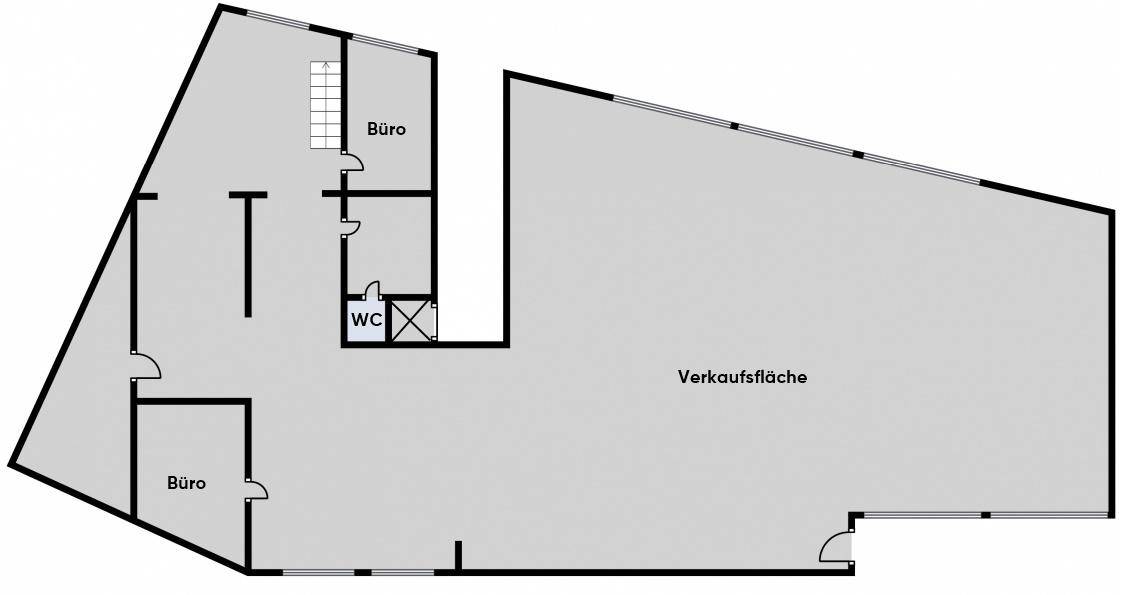 Grundriss des Geschäftsgebäudes mit großer Verkaufsfläche, Büros und WC-Bereich.