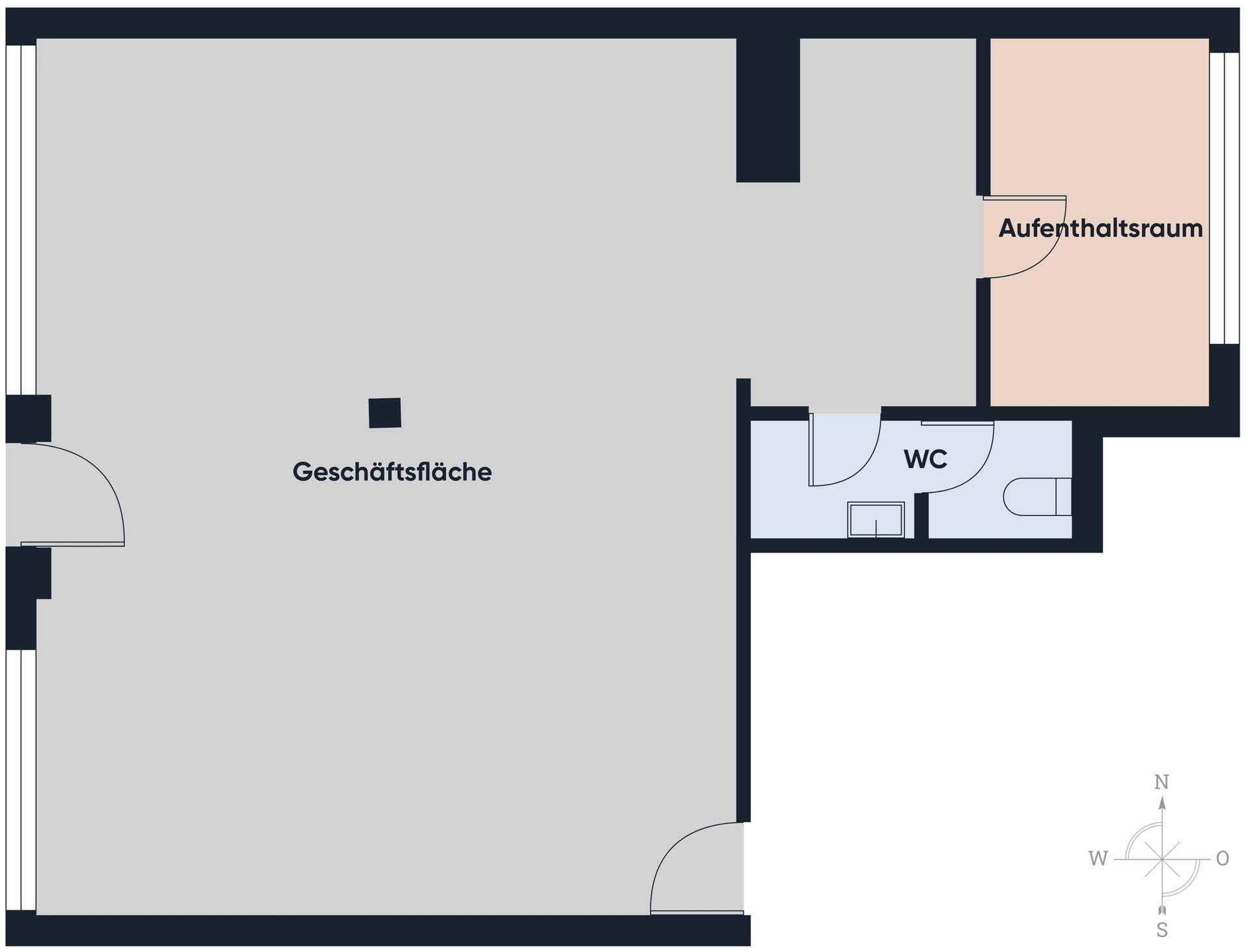 Grundriss der Geschäftsfläche mit Aufenthaltsraum und separatem WC-Bereich.