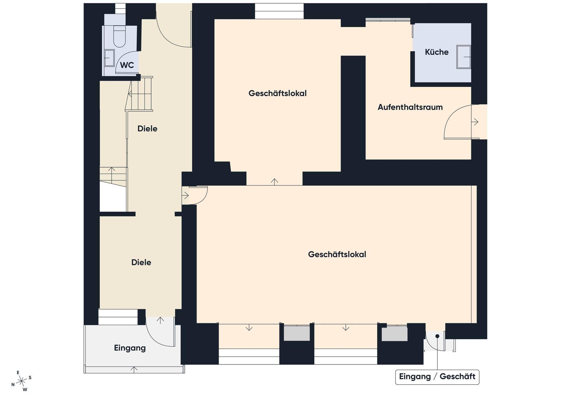 Grundriss des Erdgeschosses mit Geschäftsräumen, Diele, WC und Küche.