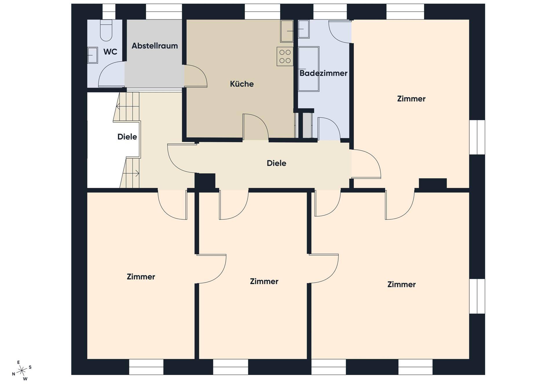 Grundriss des zweiten Obergeschosses mit Küche, Bad, Abstellraum und mehreren Zimmern.