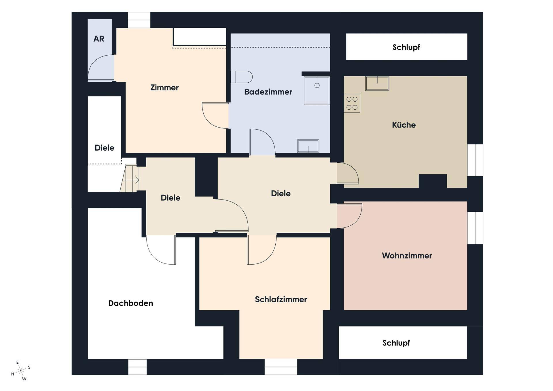 Grundriss des Dachgeschosses mit Wohnzimmer, Schlafzimmer, Bad und Dachboden.