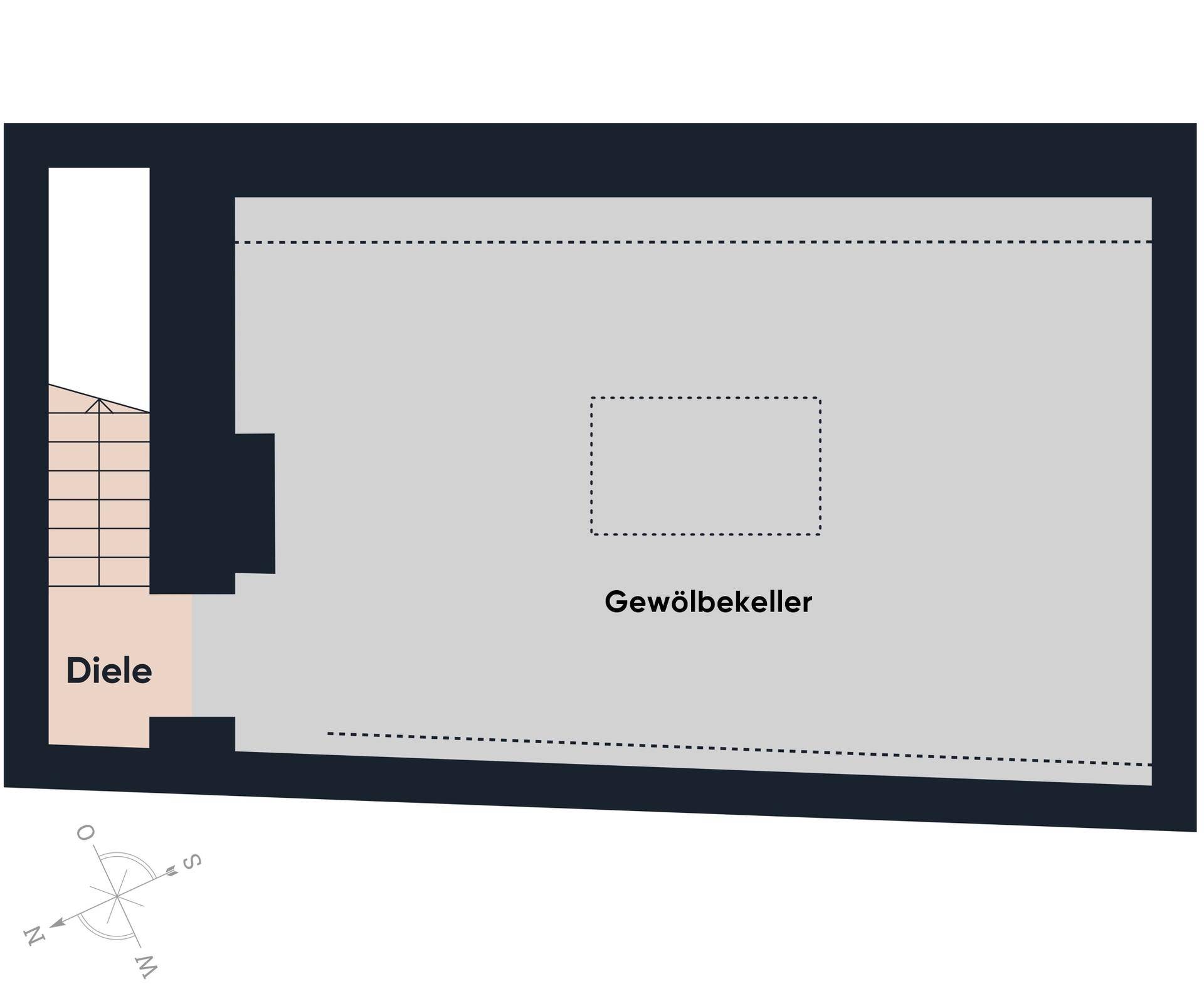 Grundriss des Gewölbekellers mit Diele und Treppenaufgang.