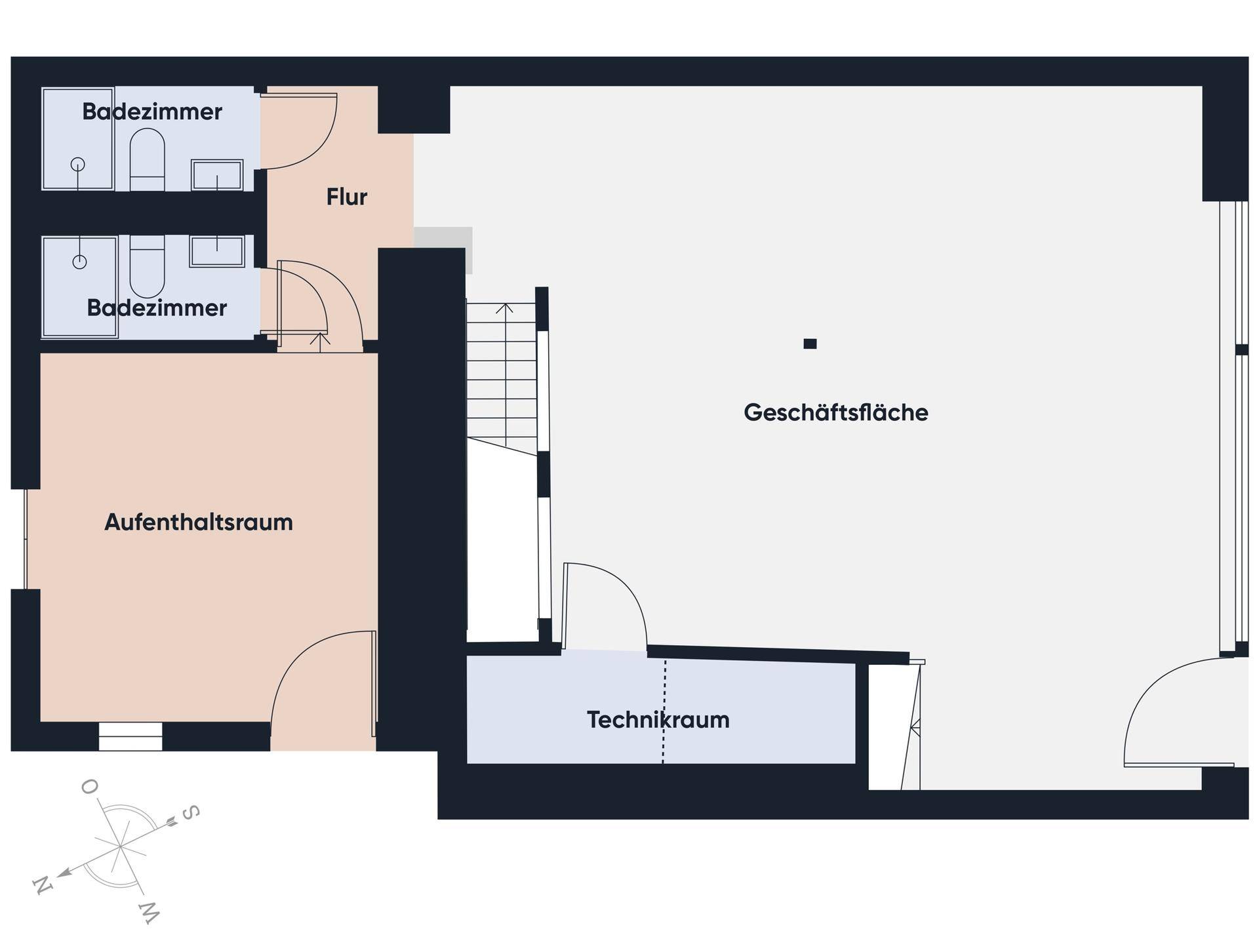 Grundriss der Geschäftsfläche mit zwei Badezimmern, Aufenthaltsraum und Technikraum.