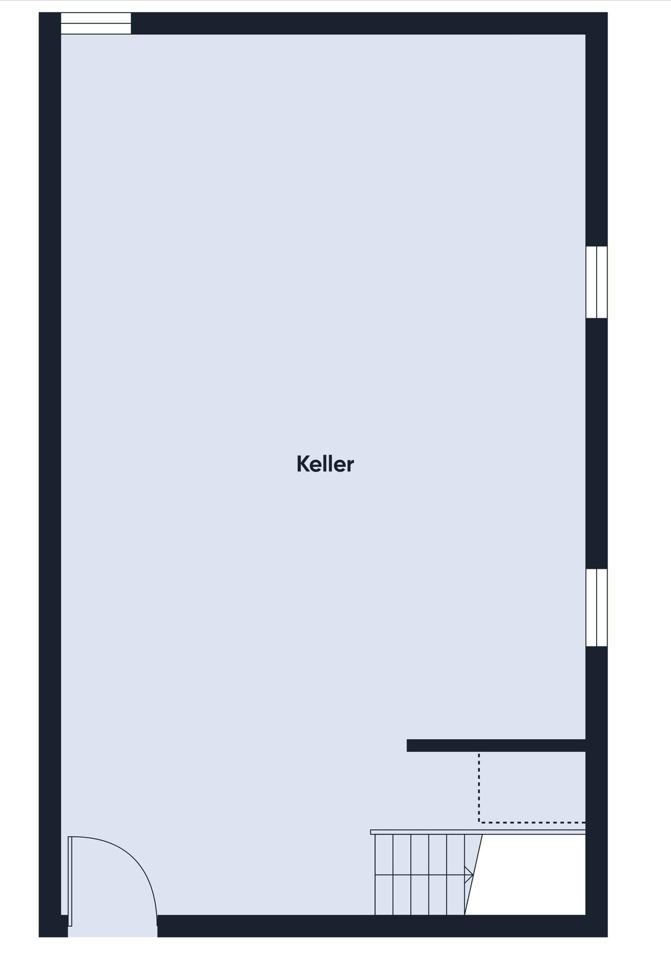 Grundriss des Kellergeschosses mit großem Kellerraum und Treppenabgang.